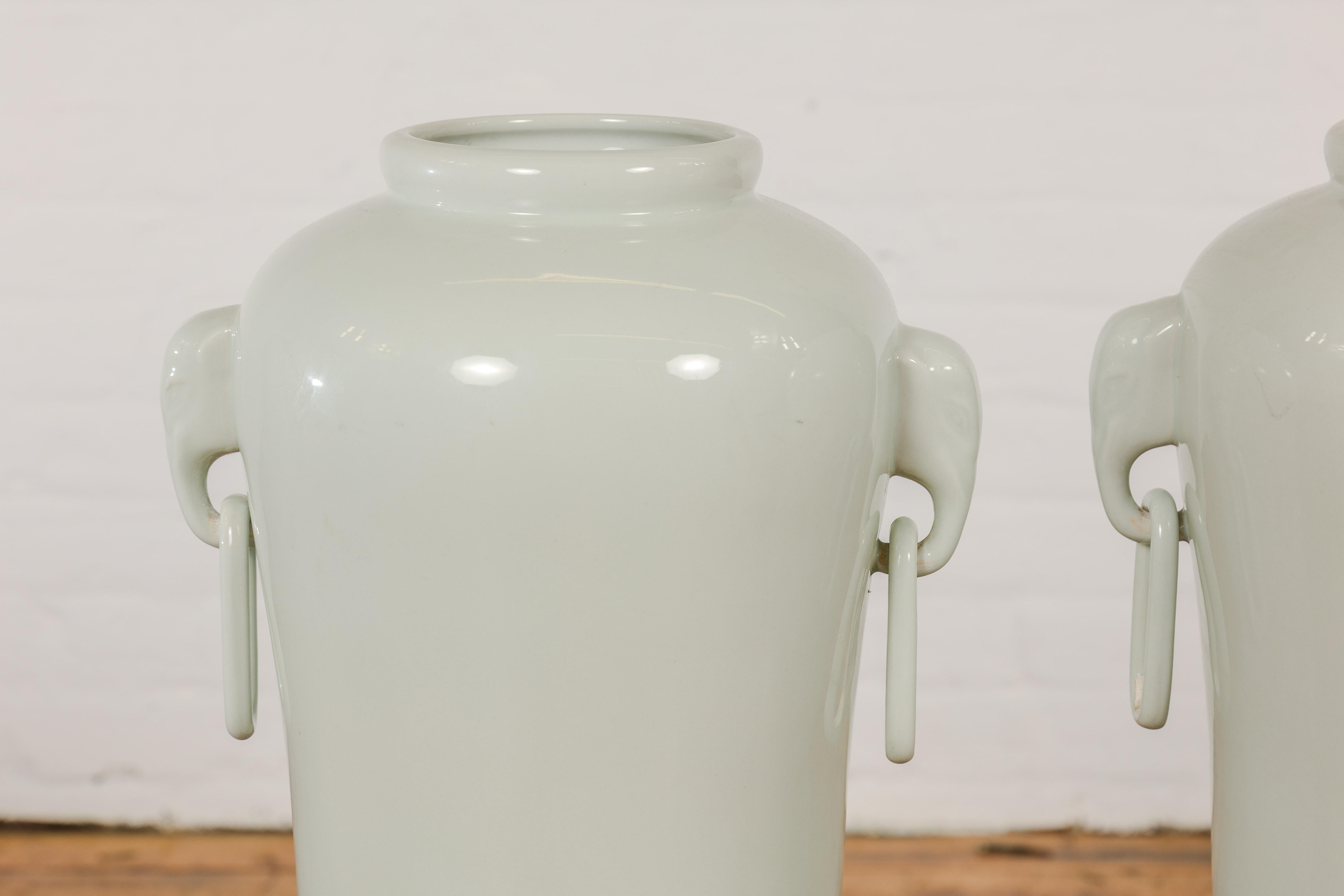 Tall and Slender Vintage White Porcelain Elephant Handles Altar Vases, Near Pair For Sale 5