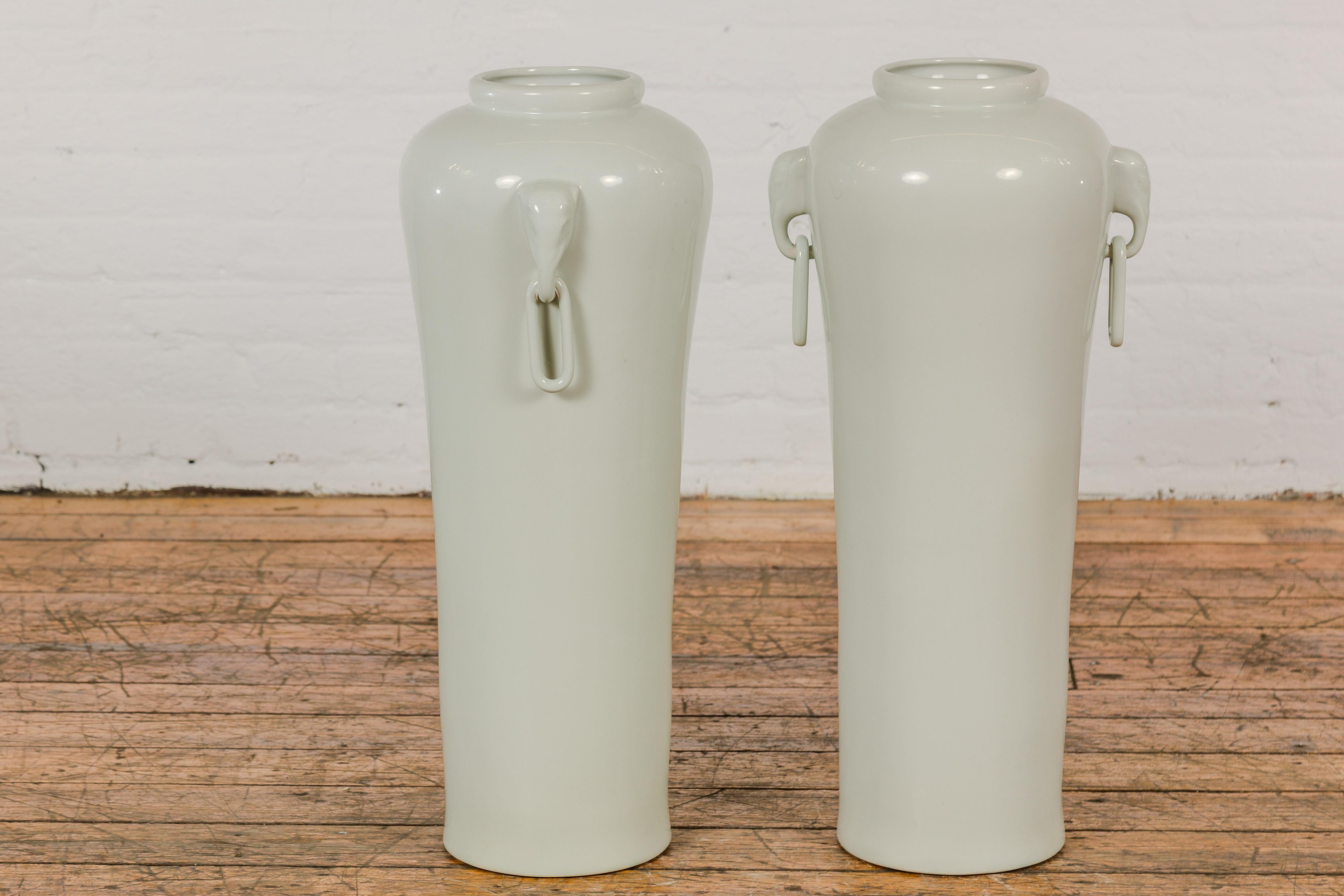 Tall and Slender Vintage White Porcelain Elephant Handles Altar Vases, Near Pair For Sale 7