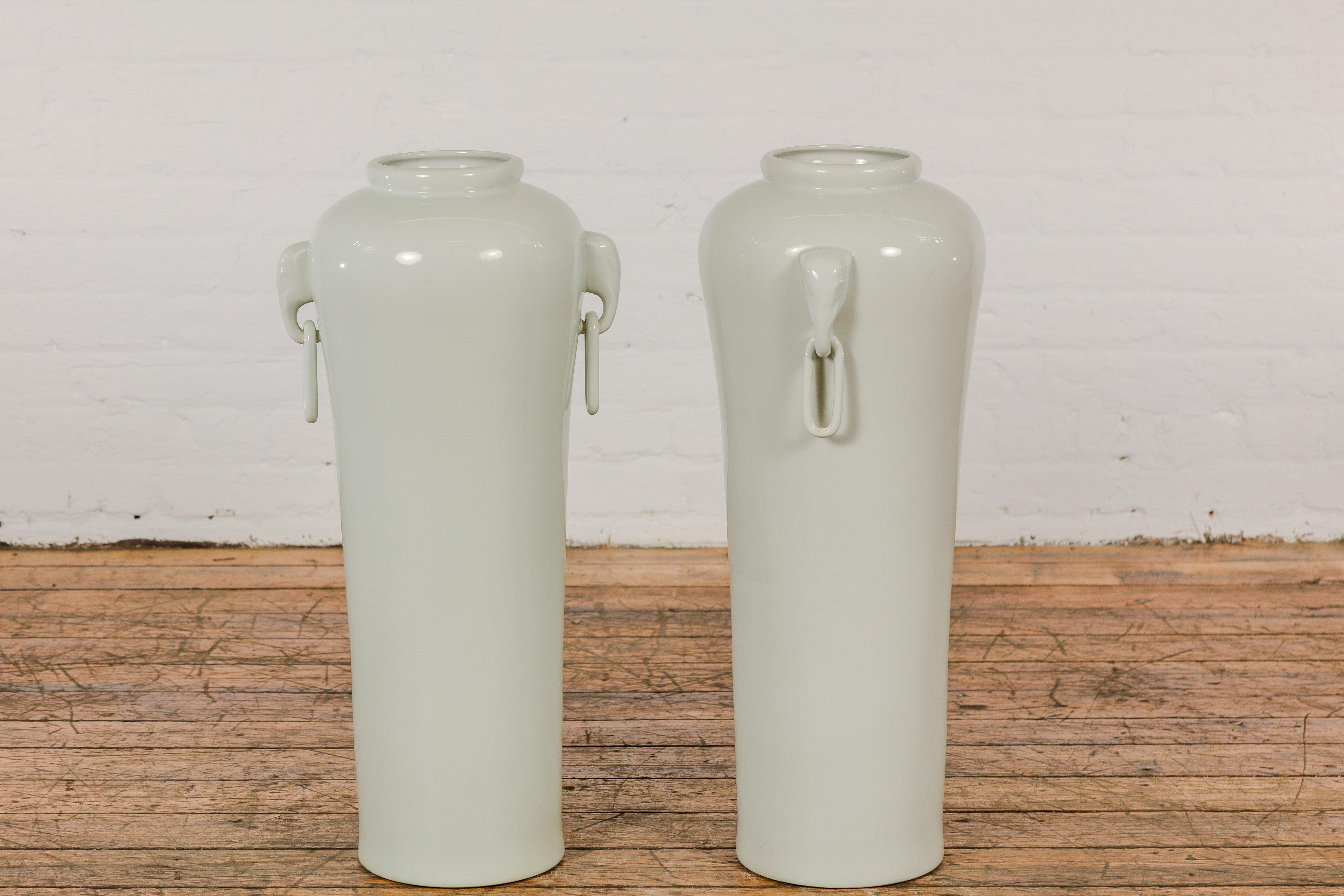 Tall and Slender Vintage White Porcelain Elephant Handles Altar Vases, Near Pair For Sale 8
