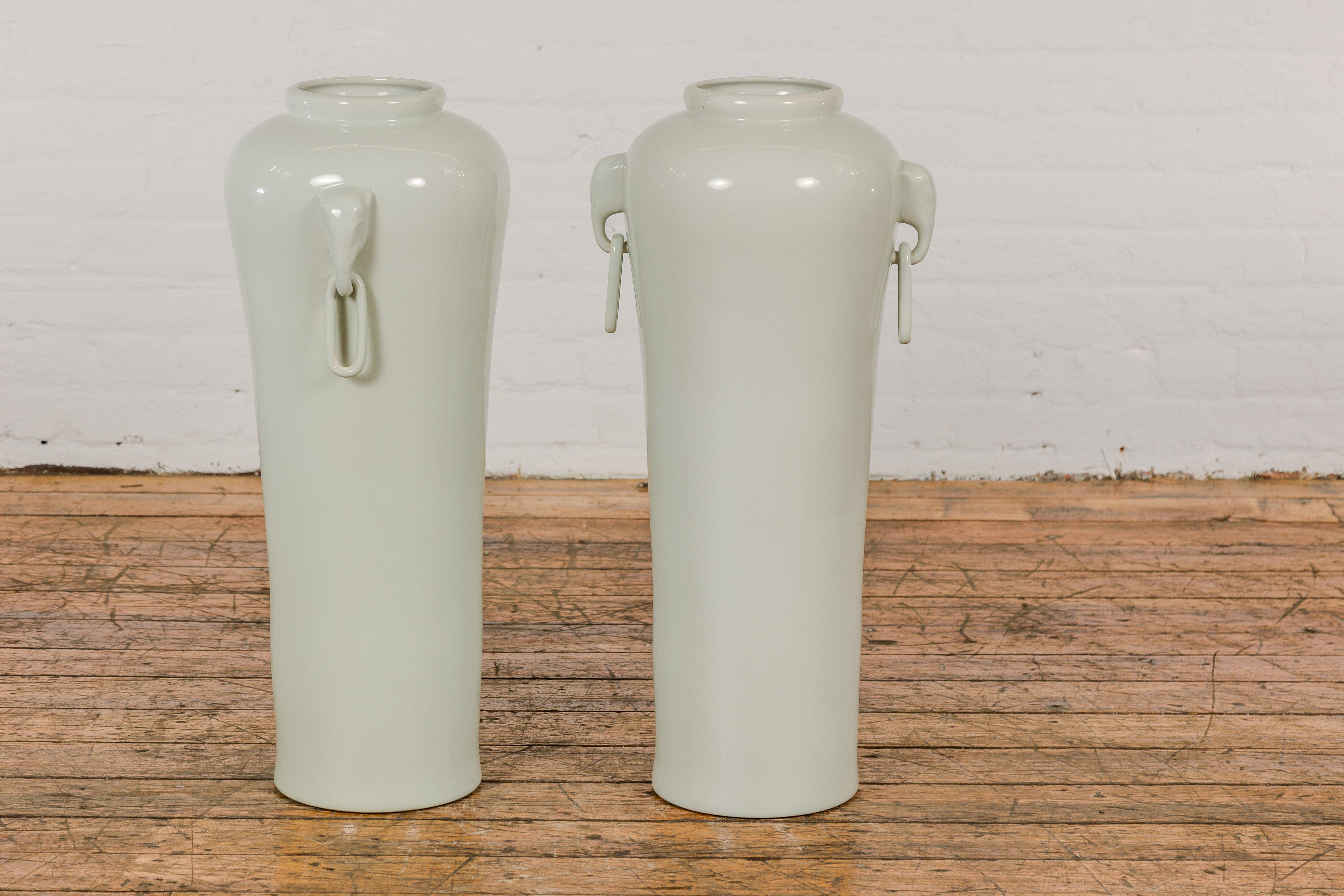Tall and Slender Vintage White Porcelain Elephant Handles Altar Vases, Near Pair For Sale 9