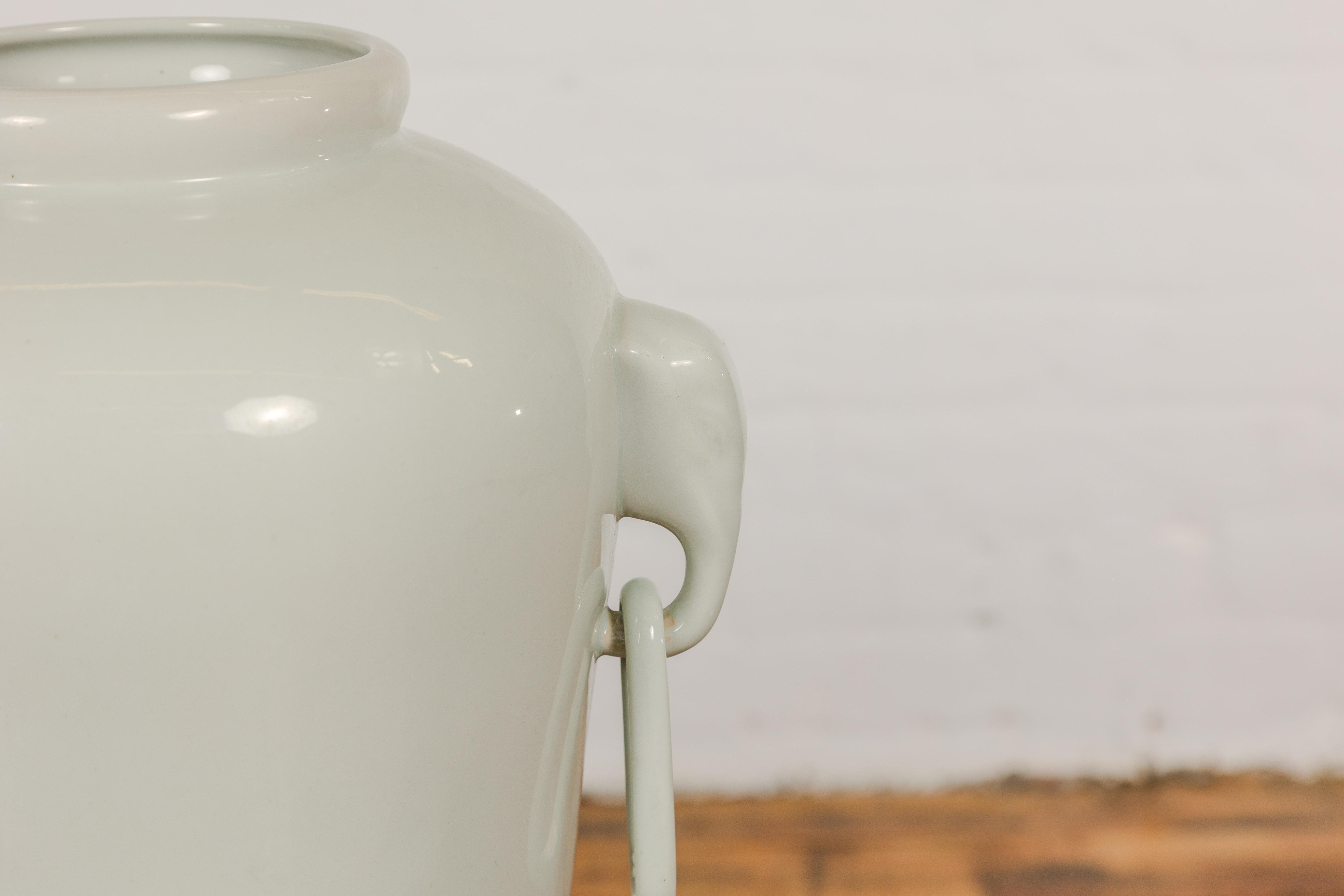 Tall and Slender Vintage White Porcelain Elephant Handles Altar Vases, Near Pair For Sale 10