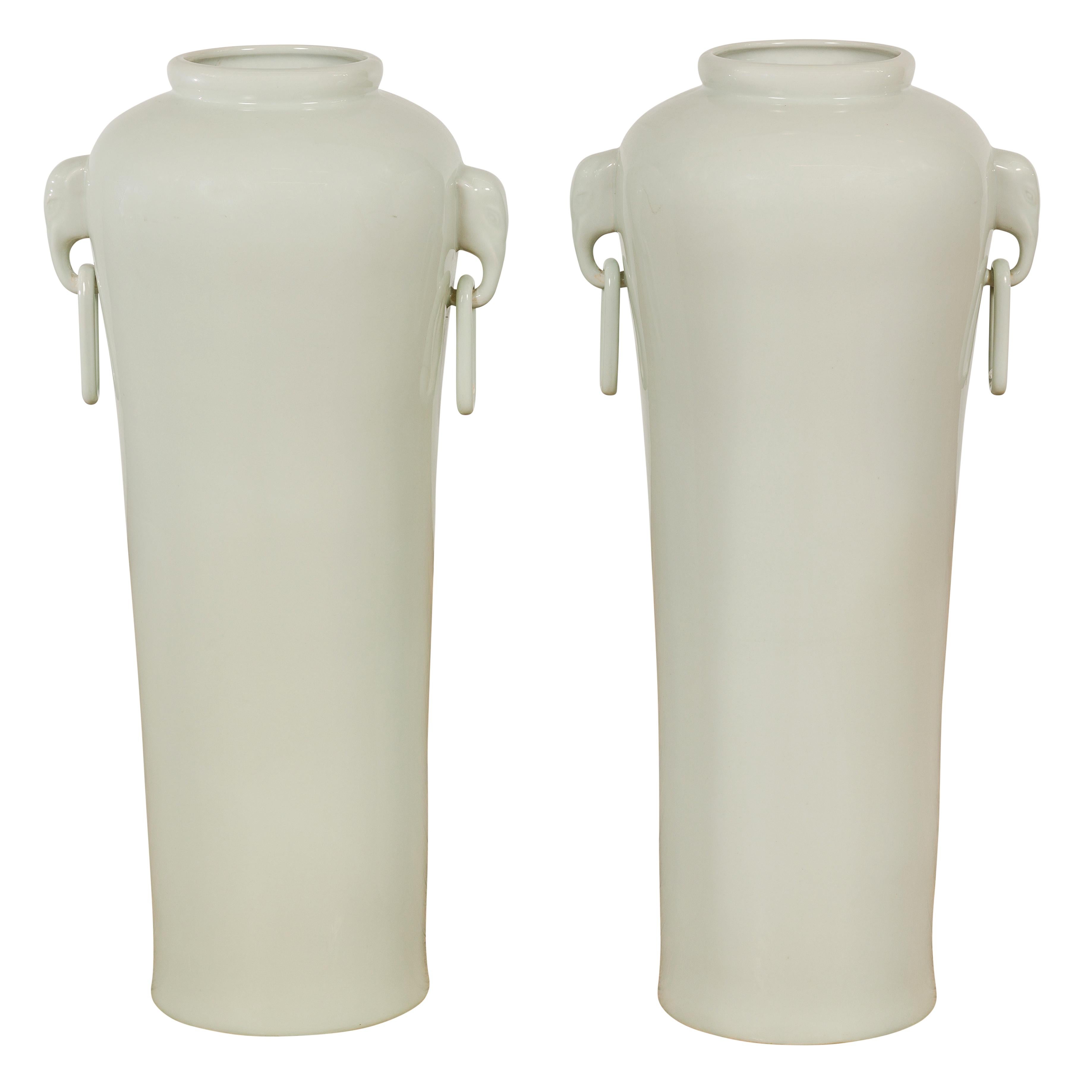 Tall and Slender Vintage White Porcelain Elephant Handles Altar Vases, Near Pair For Sale 12