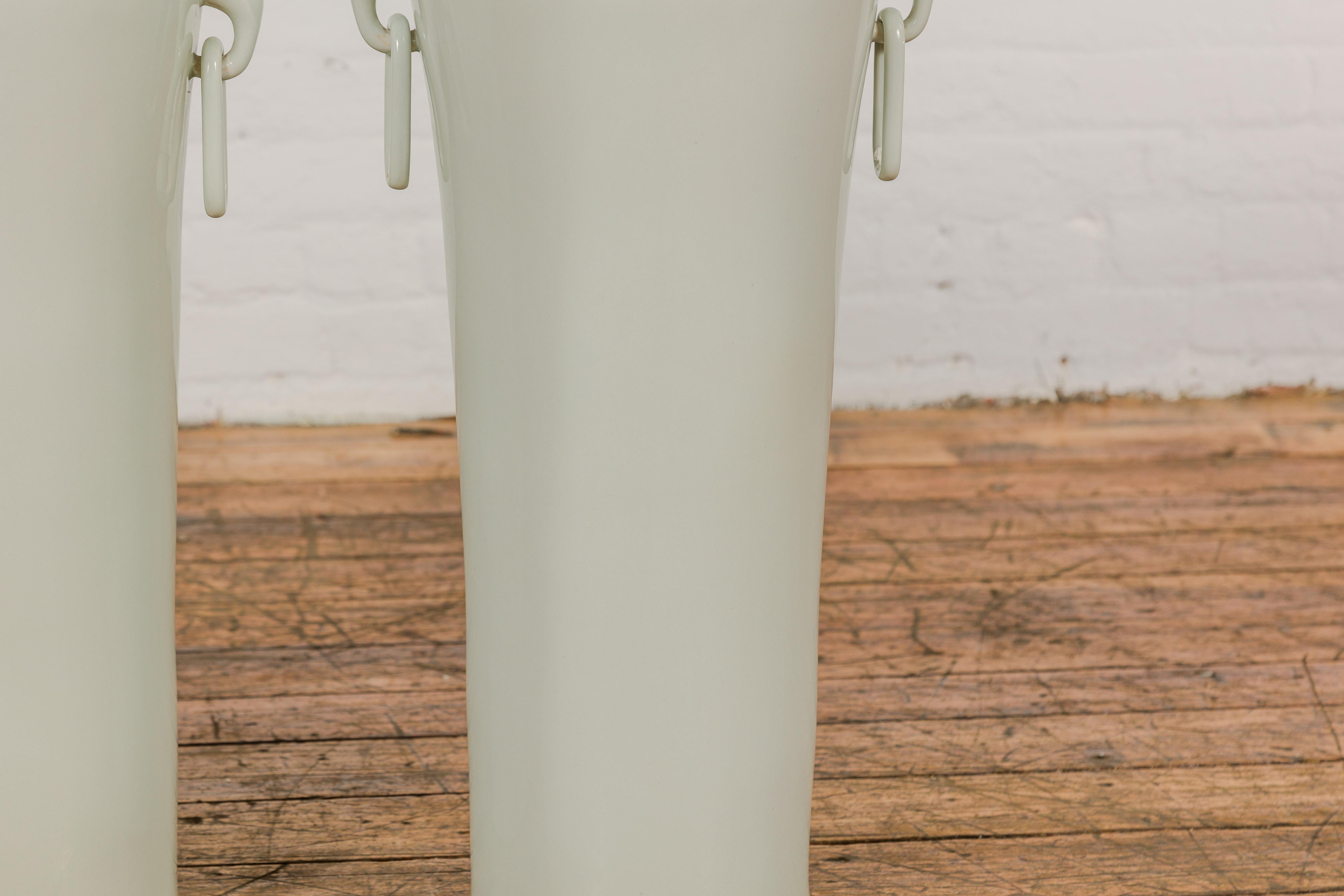 20th Century Tall and Slender Vintage White Porcelain Elephant Handles Altar Vases, Near Pair For Sale