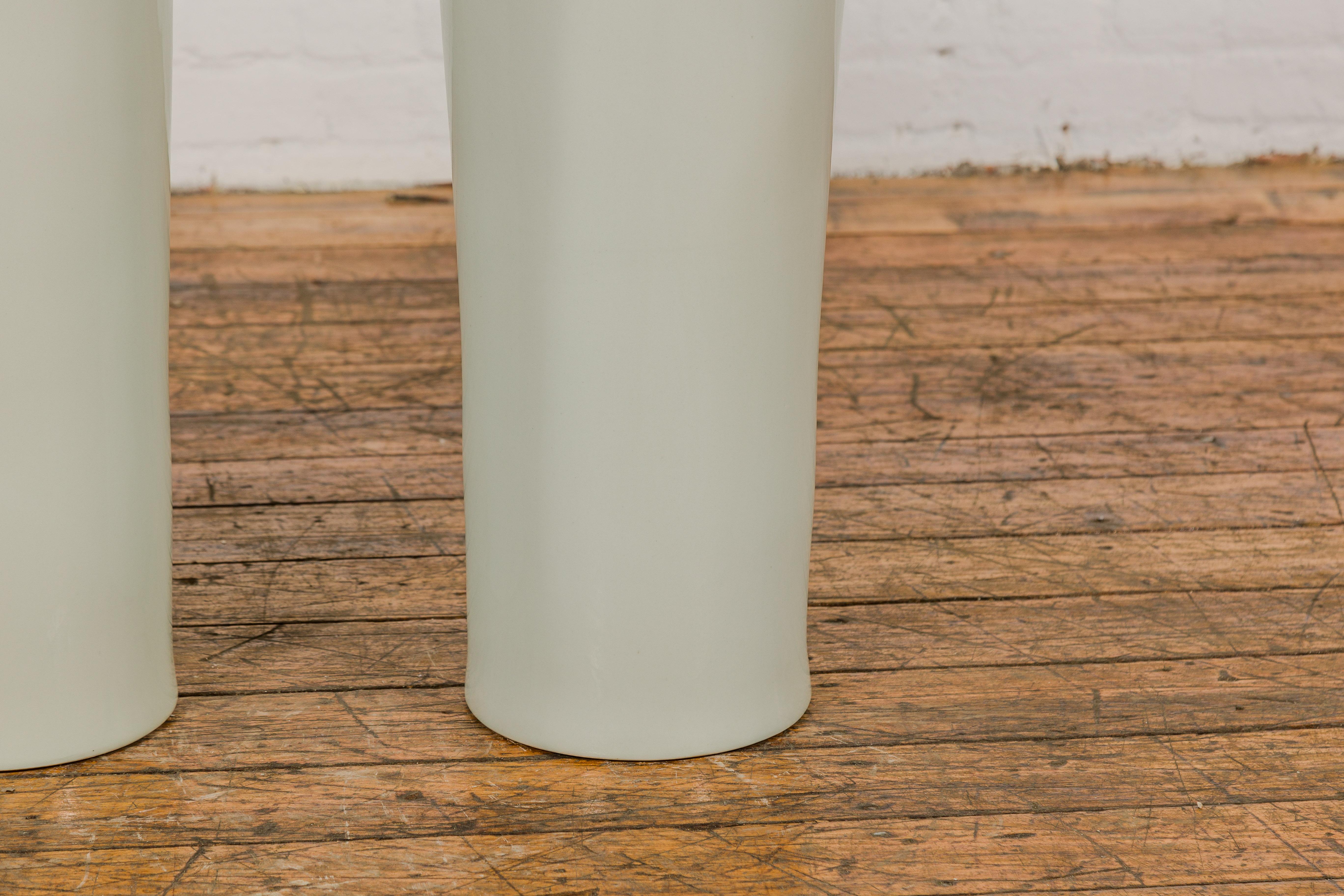 Tall and Slender Vintage White Porcelain Elephant Handles Altar Vases, Near Pair For Sale 1