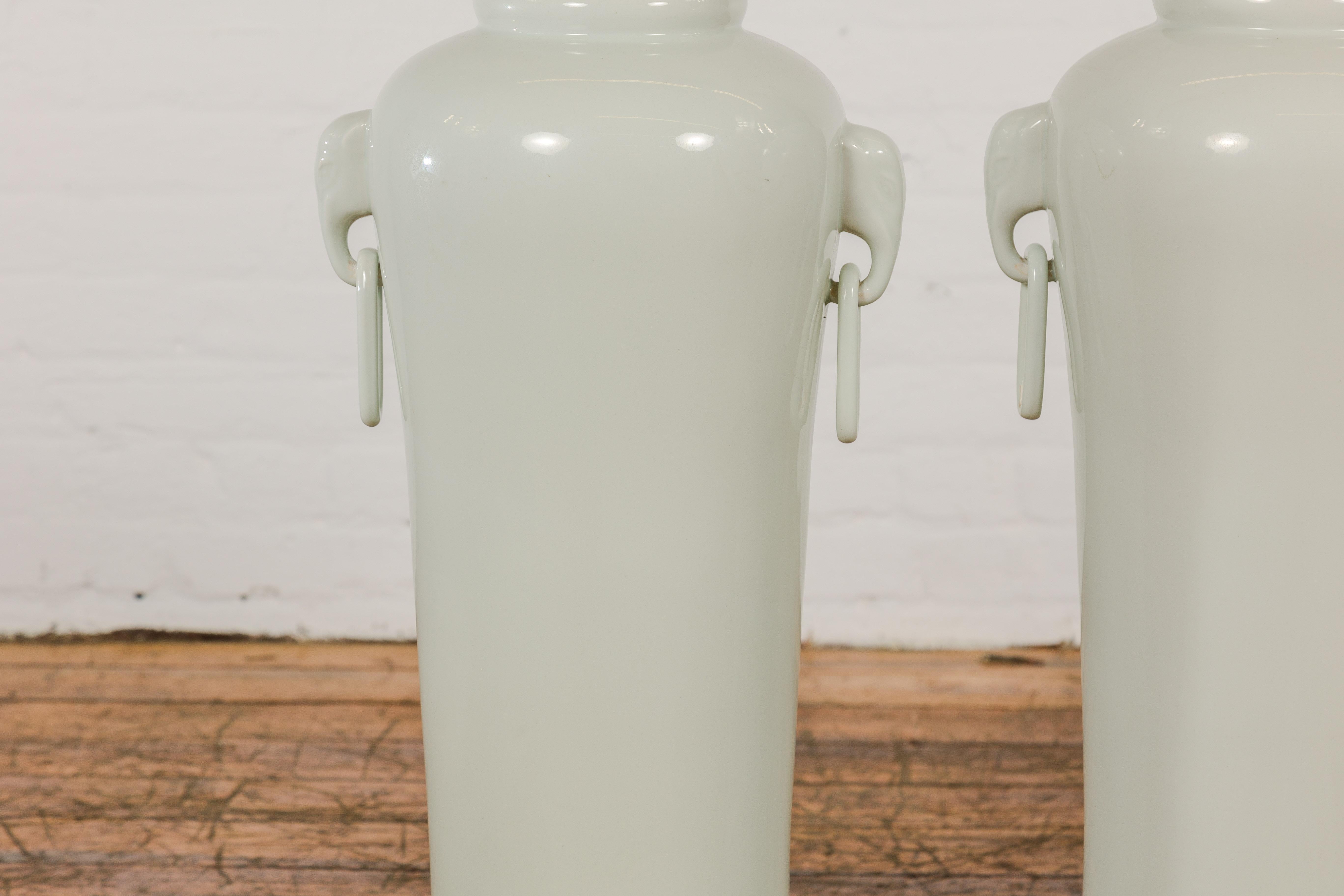 Tall and Slender Vintage White Porcelain Elephant Handles Altar Vases, Near Pair For Sale 2