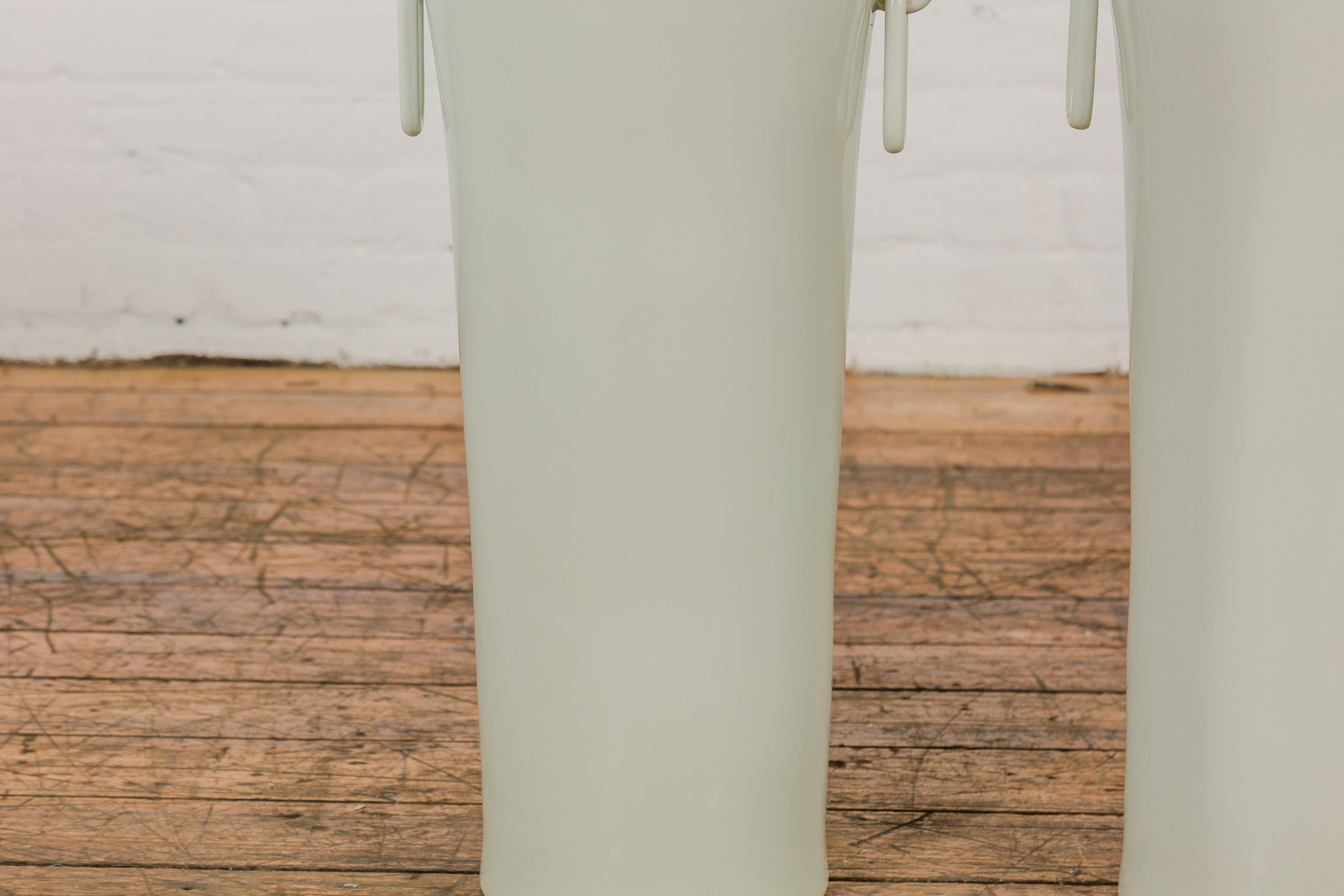 Tall and Slender Vintage White Porcelain Elephant Handles Altar Vases, Near Pair For Sale 3