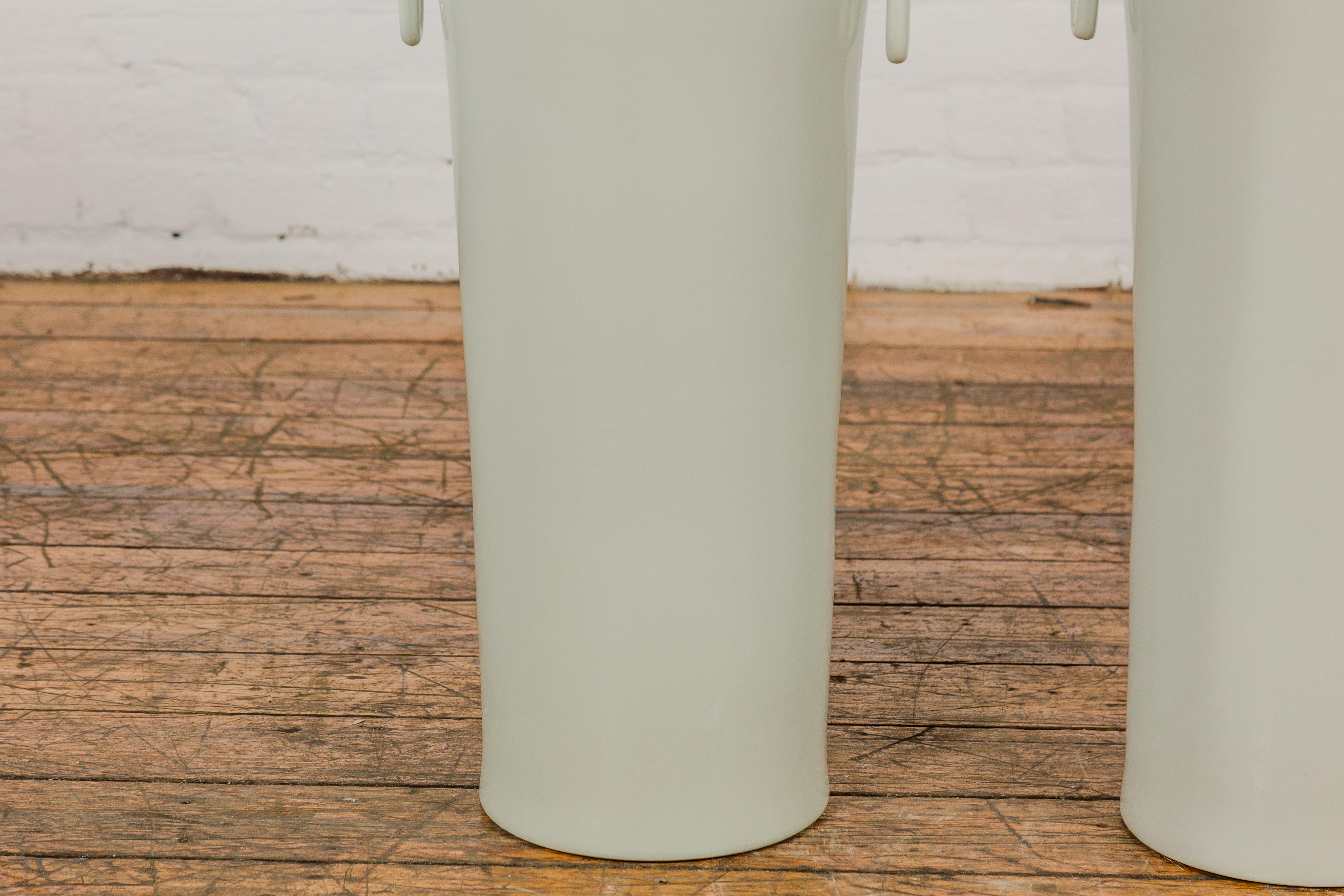 Tall and Slender Vintage White Porcelain Elephant Handles Altar Vases, Near Pair For Sale 4