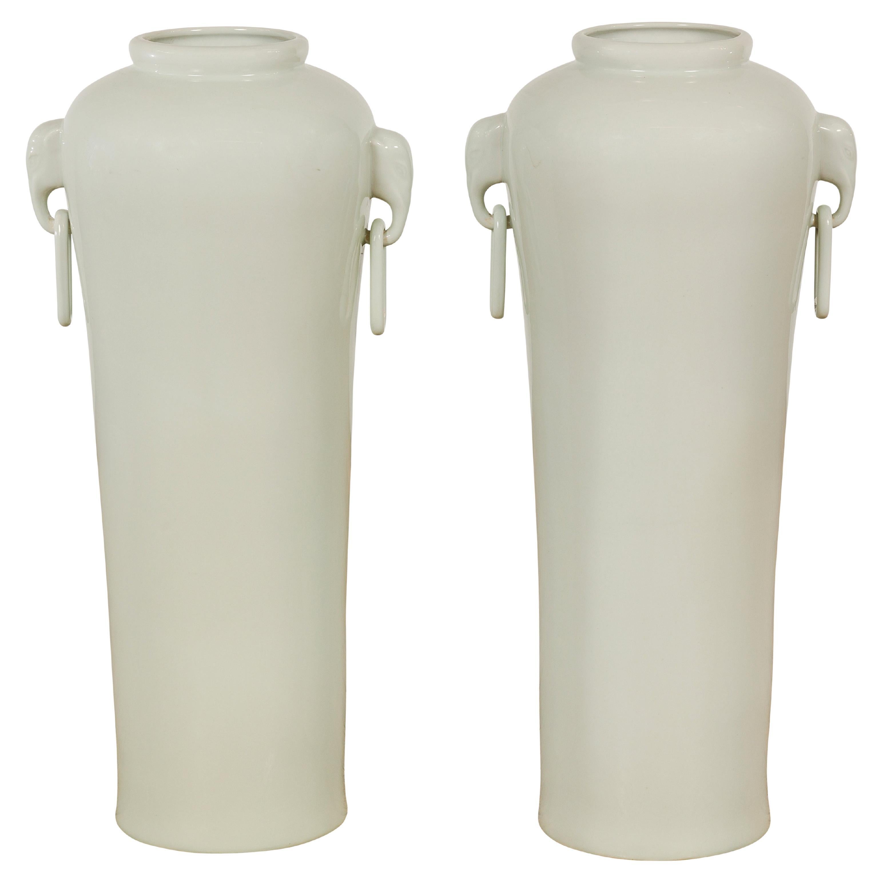 Tall and Slender Vintage White Porcelain Elephant Handles Altar Vases, Near Pair For Sale