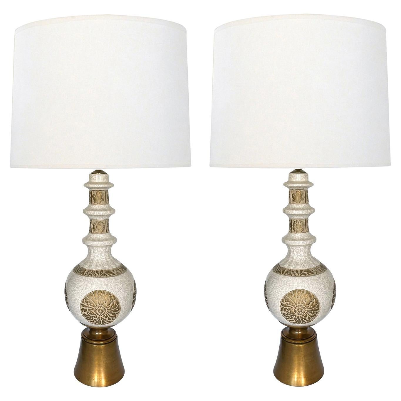 Tall and Striking Pair of Ivory Crackle-Glaze Ceramic Baluster-Form Lamps