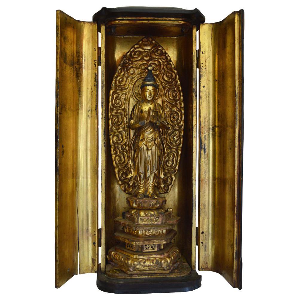 Tall Antique 19th Century Japanese Traveling Shrine with Quan Yin For Sale