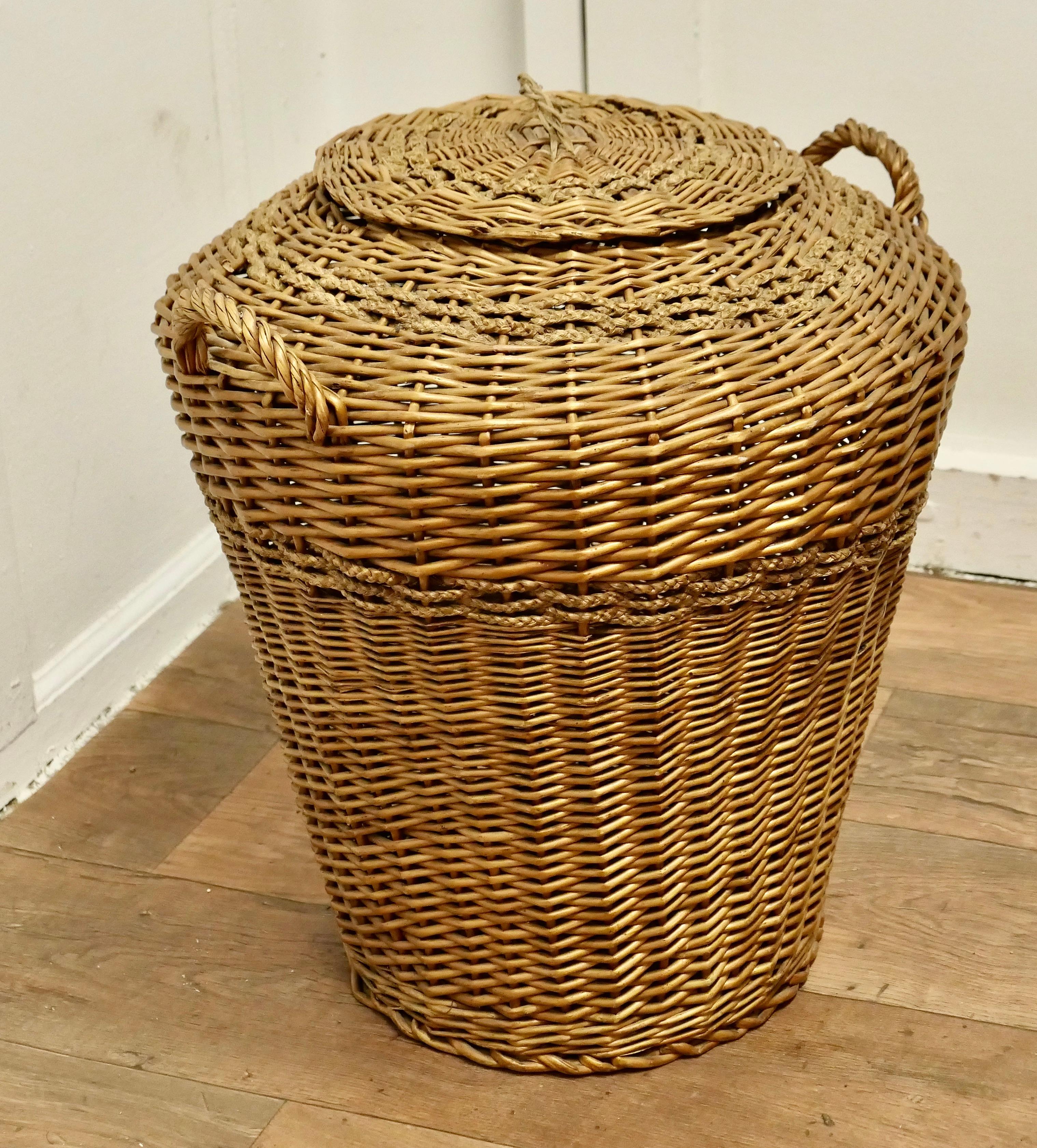 Country Tall Antique Ali Baba Wicker Laundry Basket  This is an excellent example  For Sale