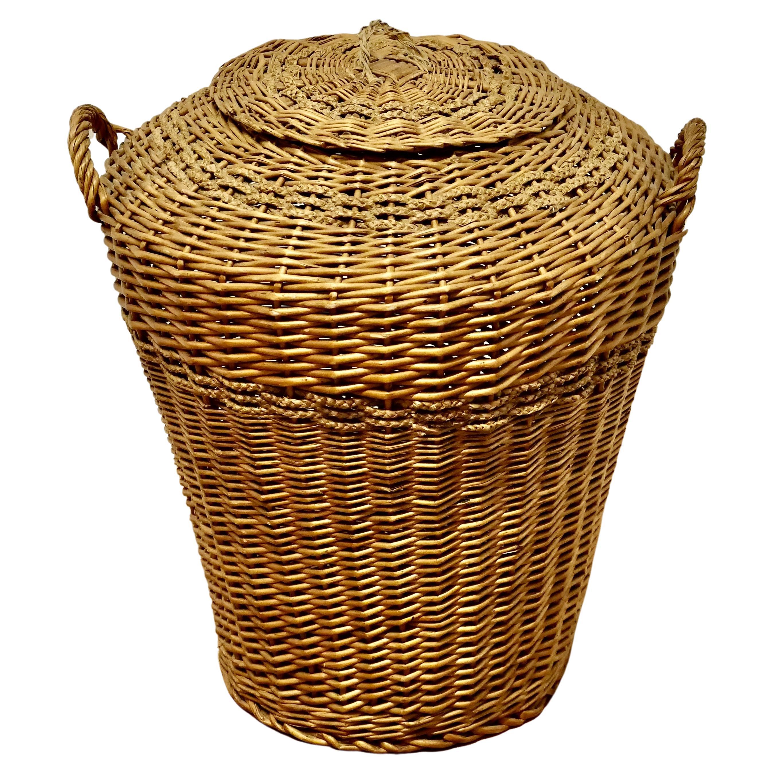 Tall Antique Ali Baba Wicker Laundry Basket  This is an excellent example  For Sale