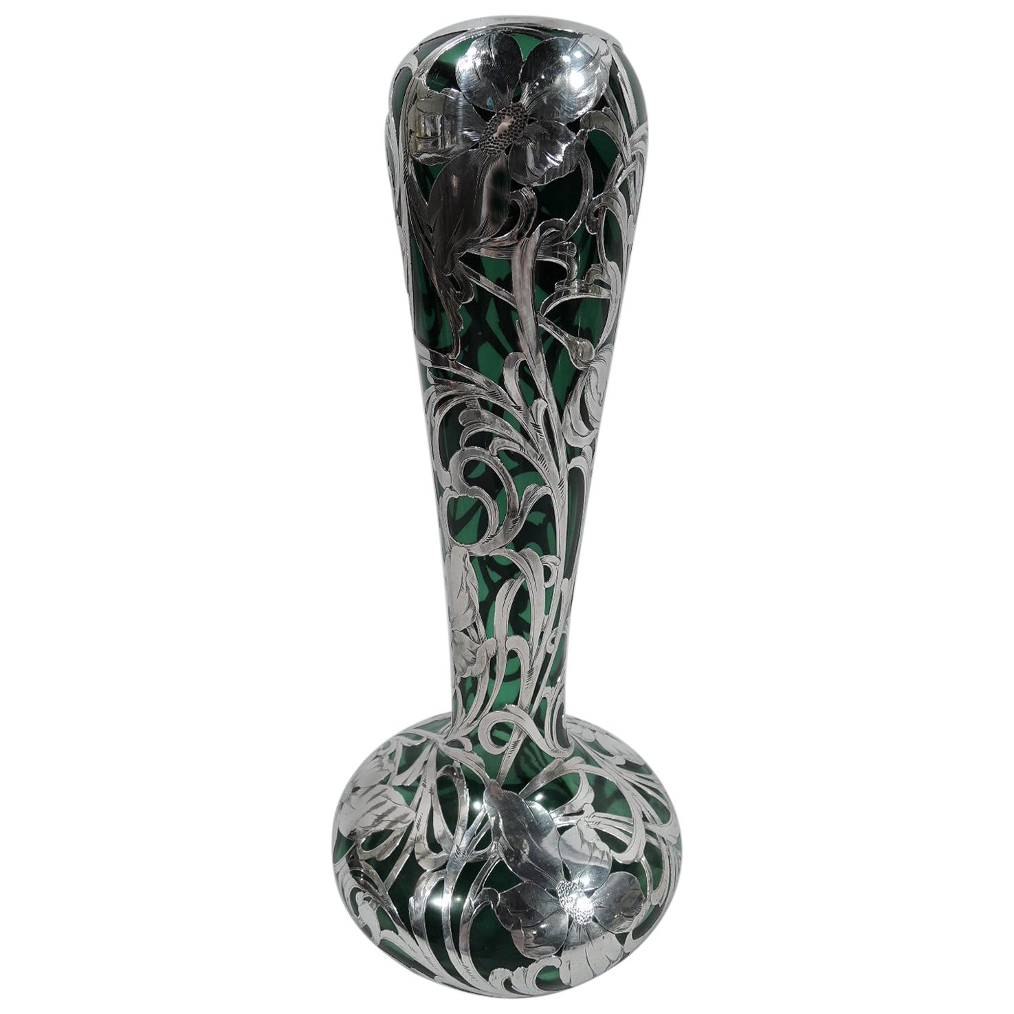 Art Nouveau Green Glass Silver Overlay Vase c.1900 For Sale at 1stDibs