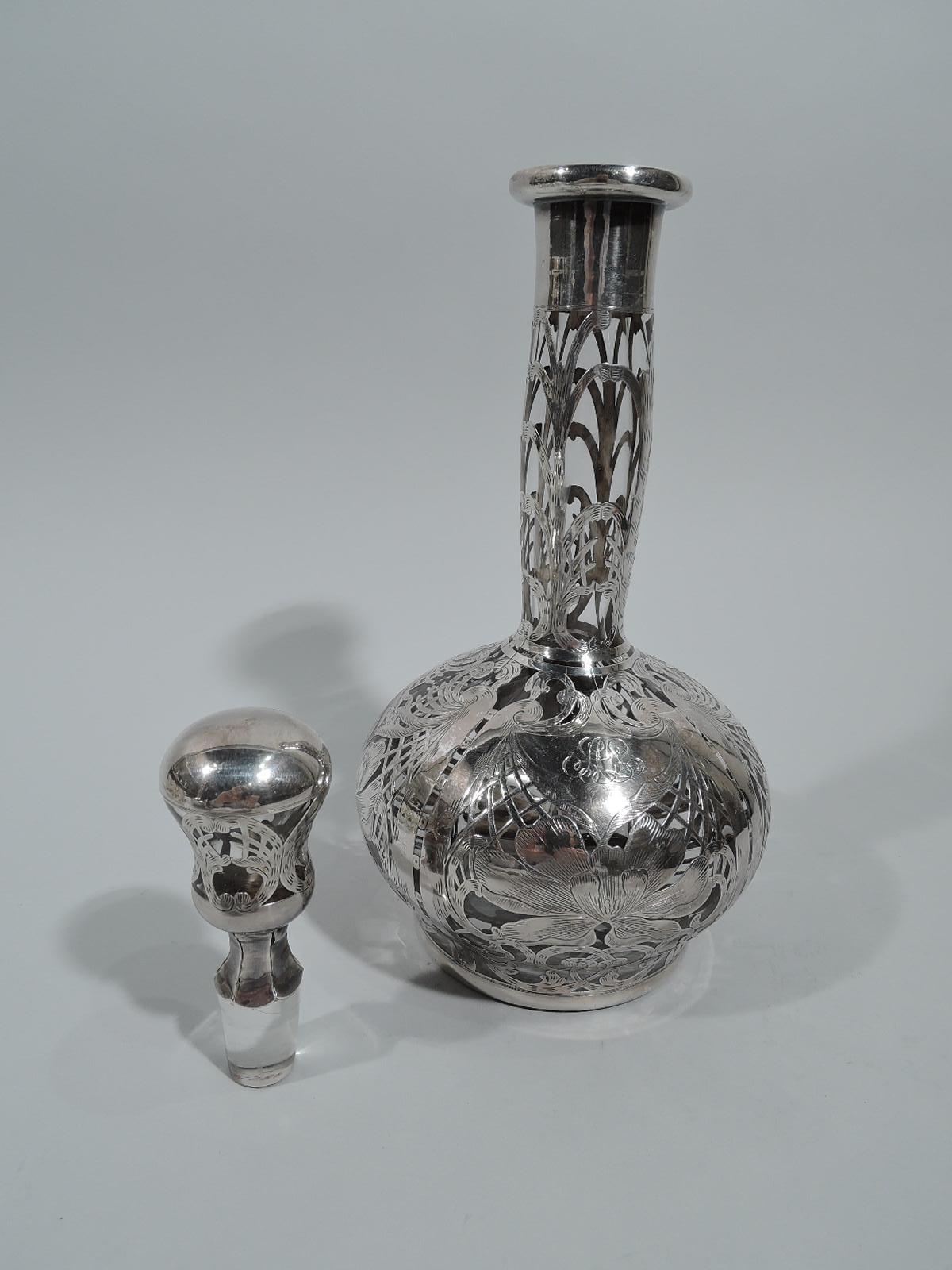 Tall Antique American Art Nouveau Silver Overlay Decanter In Excellent Condition For Sale In New York, NY