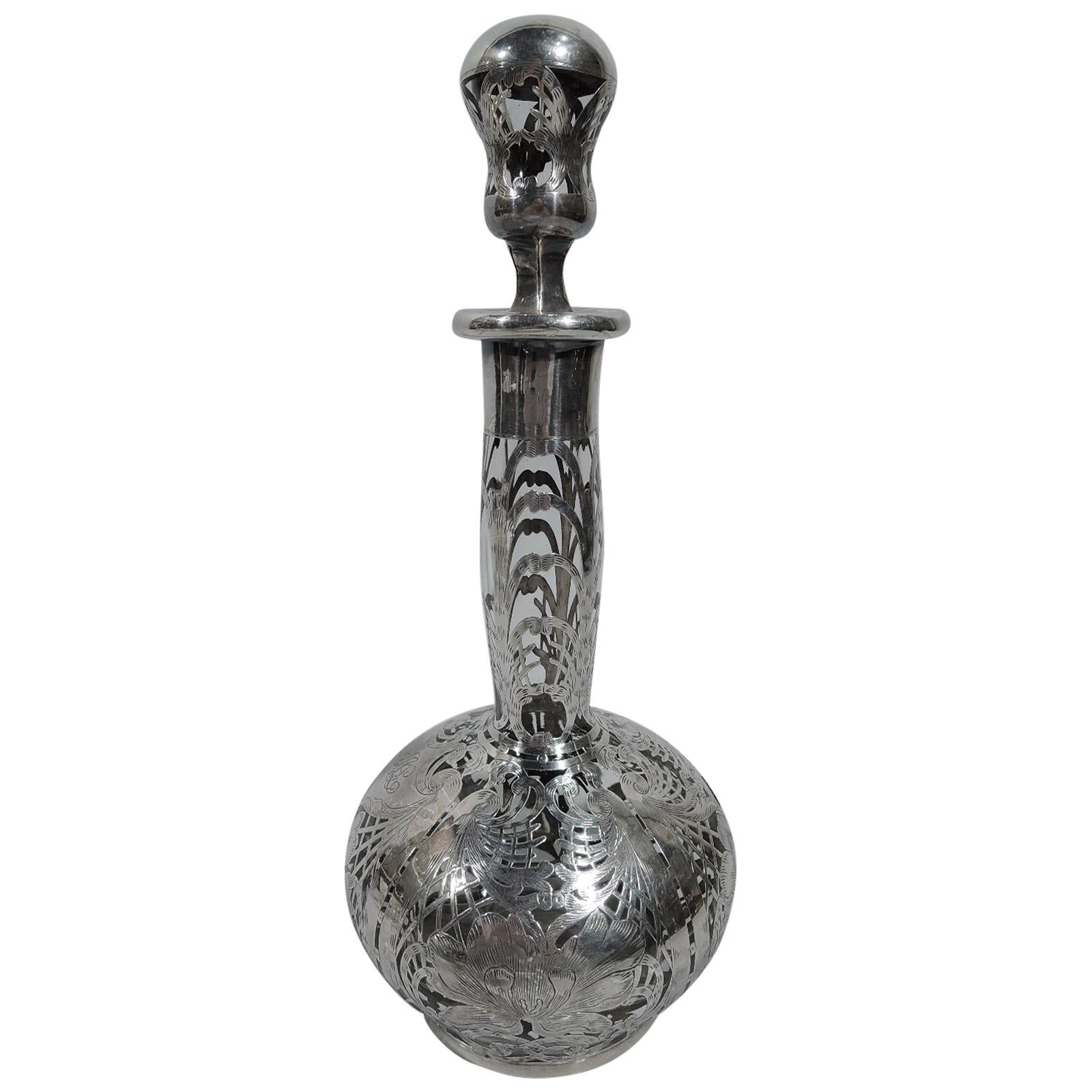 Tall Antique American Art Nouveau Silver Overlay Decanter For Sale