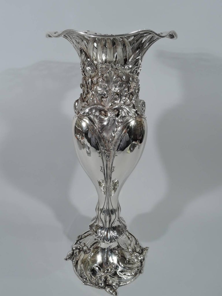 Tall Antique American Art Nouveau Sterling Silver Vase For Sale at