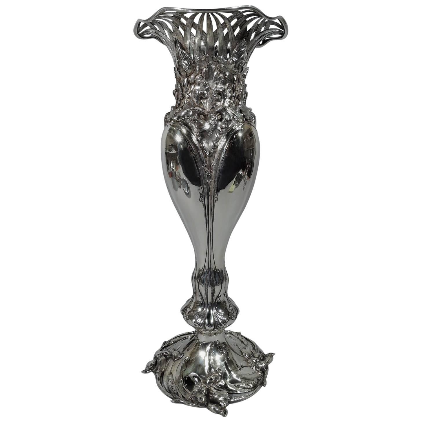 Tall Antique American Art Nouveau Sterling Silver Vase