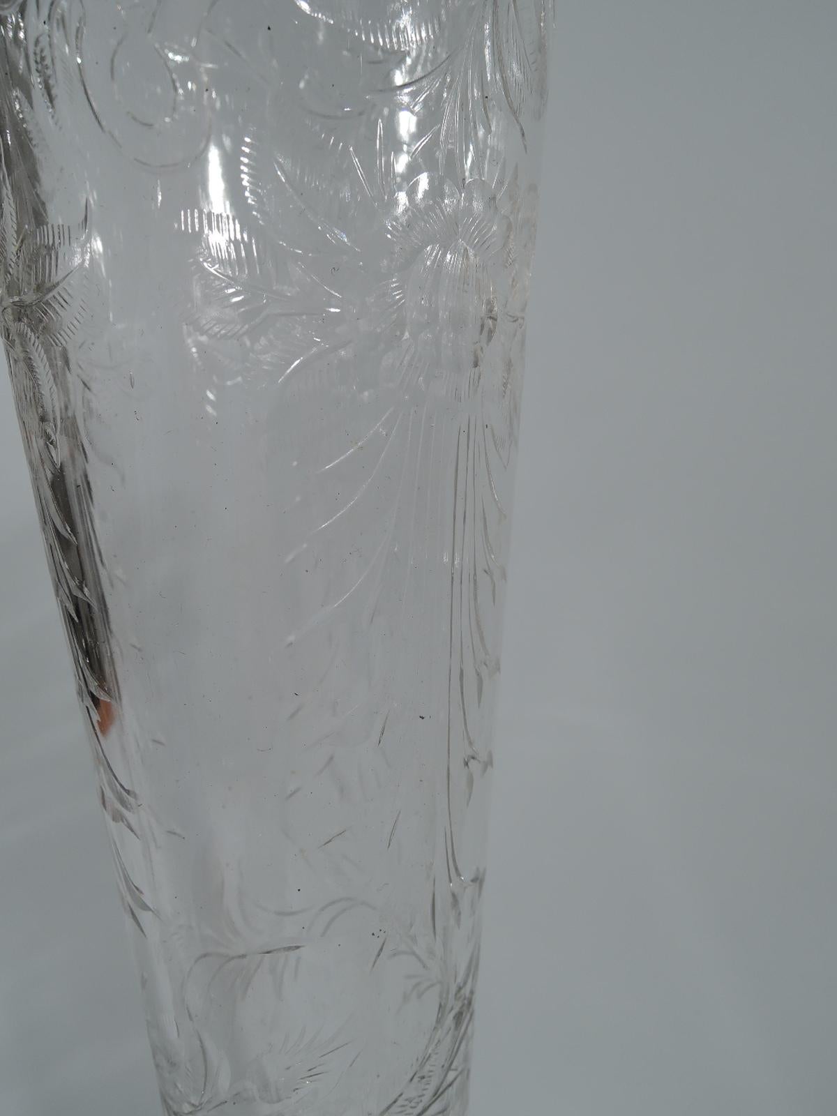 Tall Antique American Edwardian Sterling Silver and Crystal Trumpet Vase In Excellent Condition In New York, NY