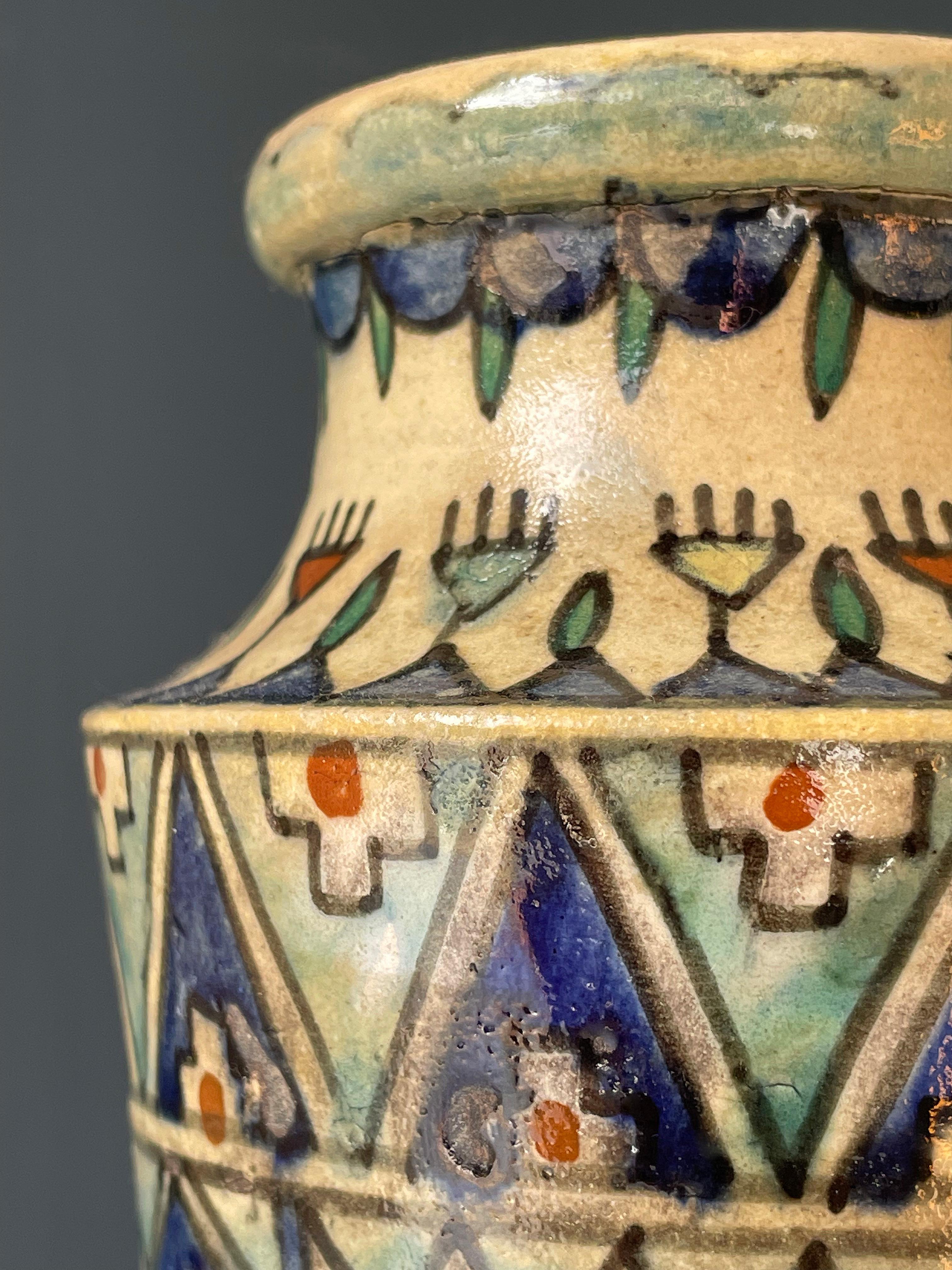 Hand-Painted Tall Antique Armenian Pottery Vase circa 1920s, Jerusalem For Sale
