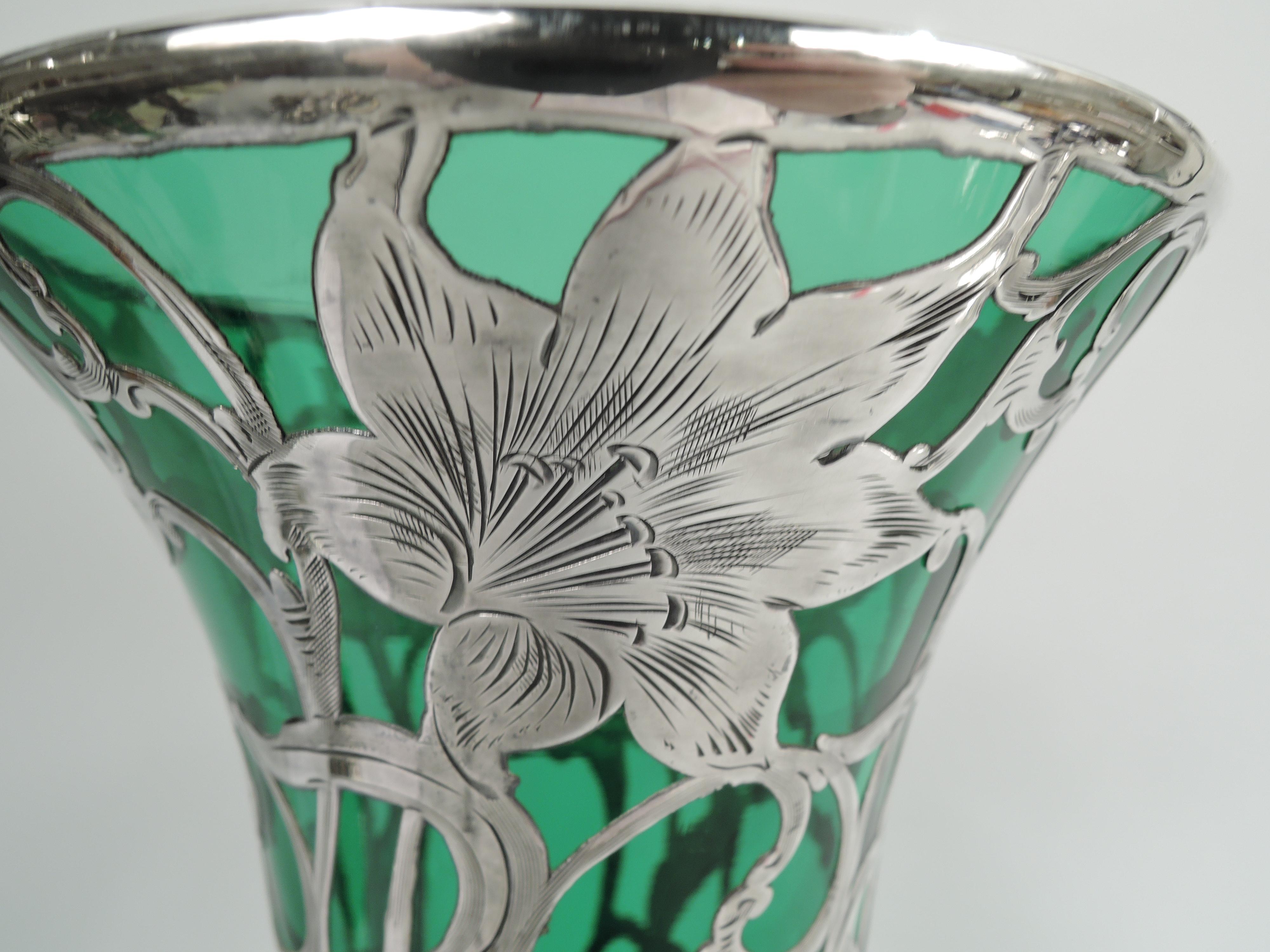 Tall Antique Art Nouveau Green Silver Overlay Vase by Alvin In Excellent Condition For Sale In New York, NY