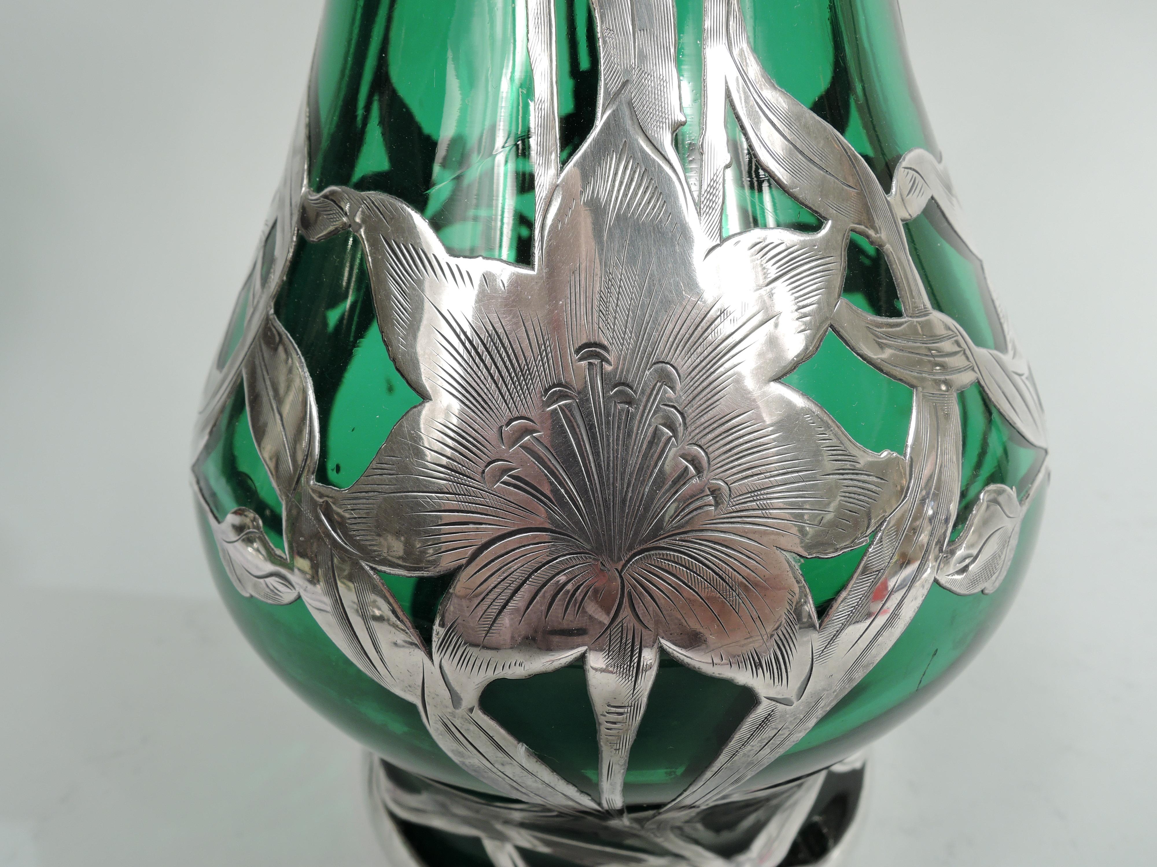 20th Century Tall Antique Art Nouveau Green Silver Overlay Vase by Alvin For Sale