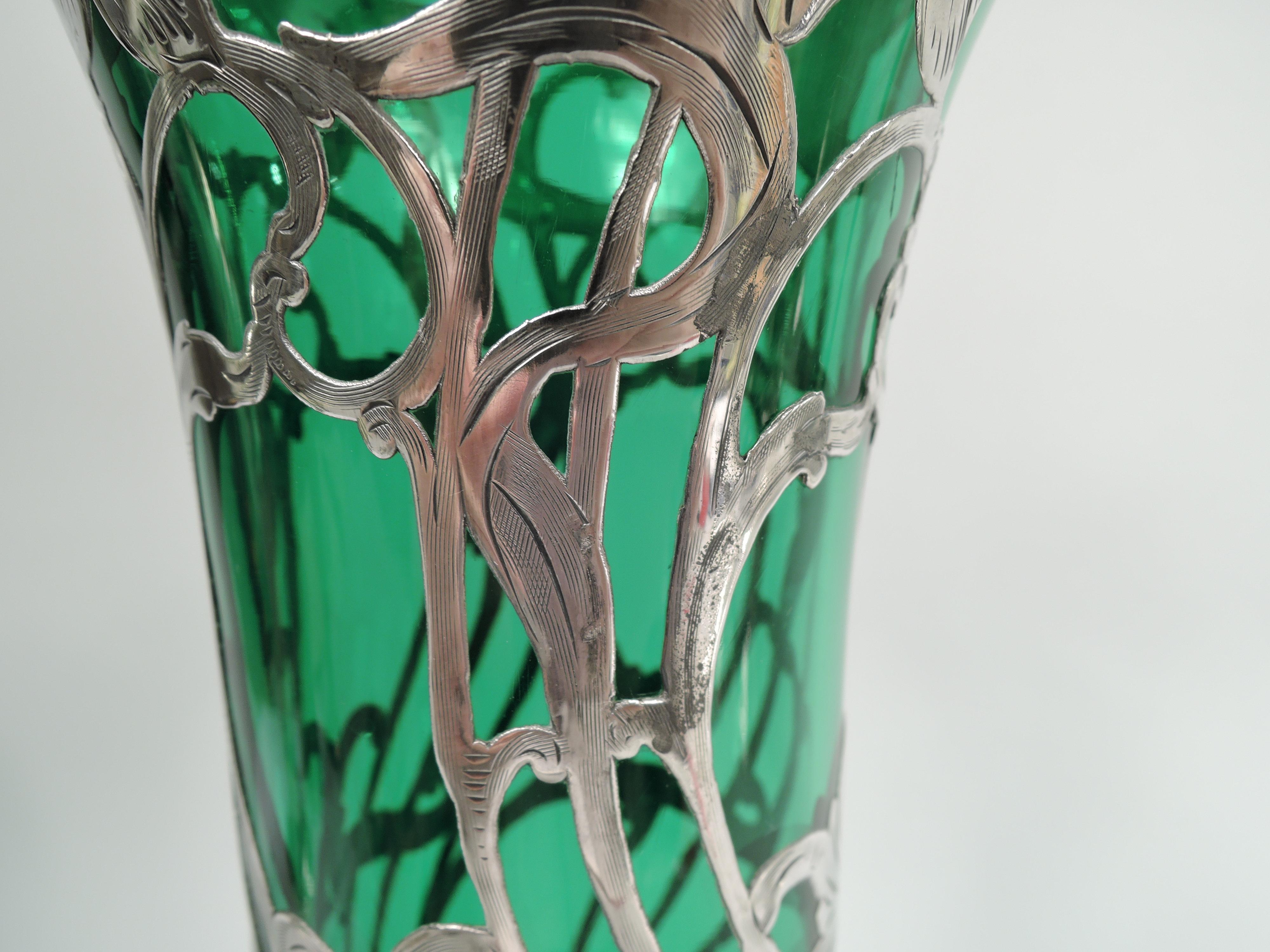 Tall Antique Art Nouveau Green Silver Overlay Vase by Alvin For Sale 1