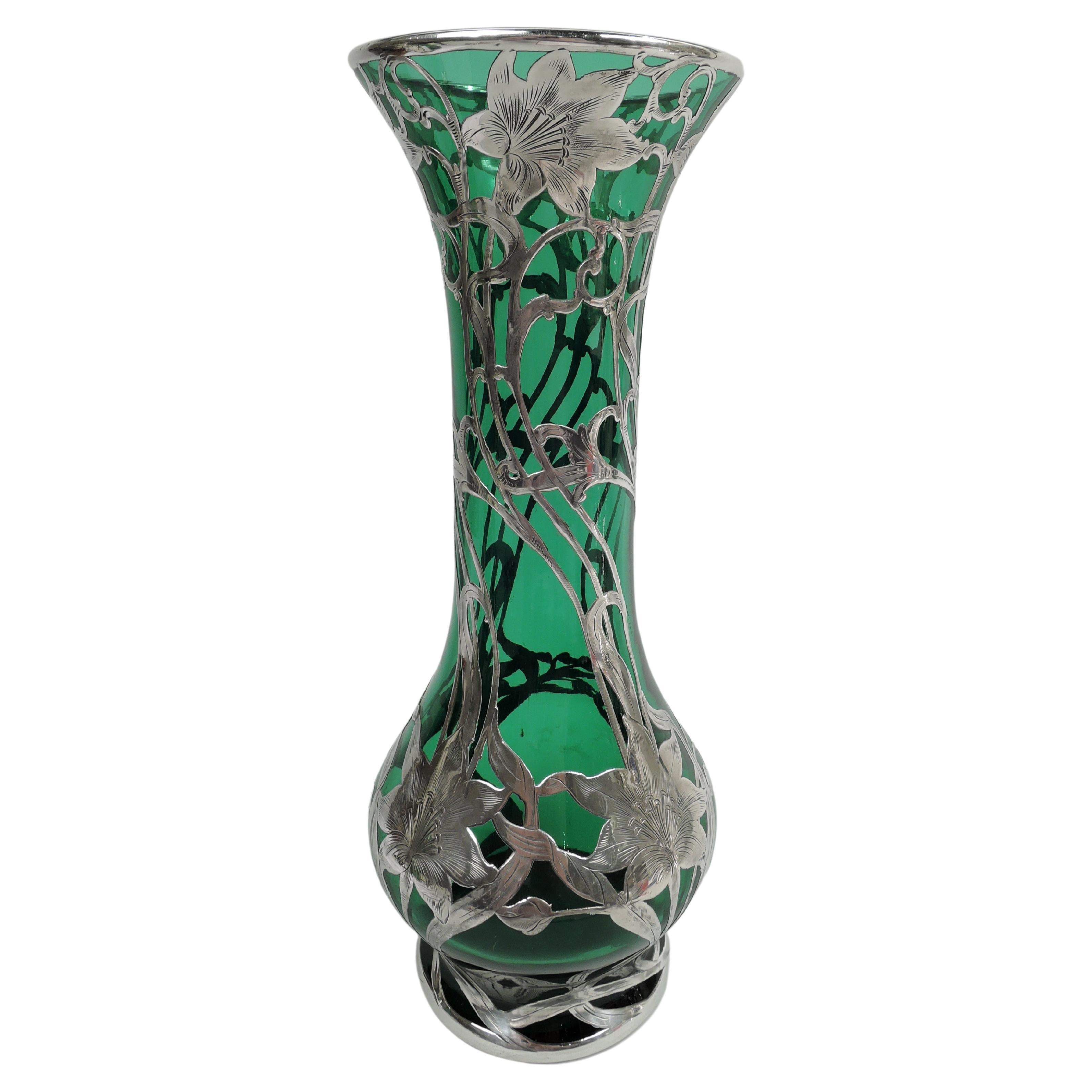 Tall Antique Art Nouveau Green Silver Overlay Vase by Alvin