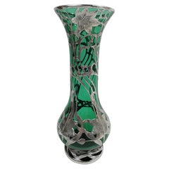 Tall Antique Art Nouveau Green Silver Overlay Vase by Alvin