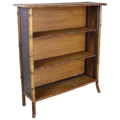 Tall Antique Bamboo and Rattan Open Bookcase