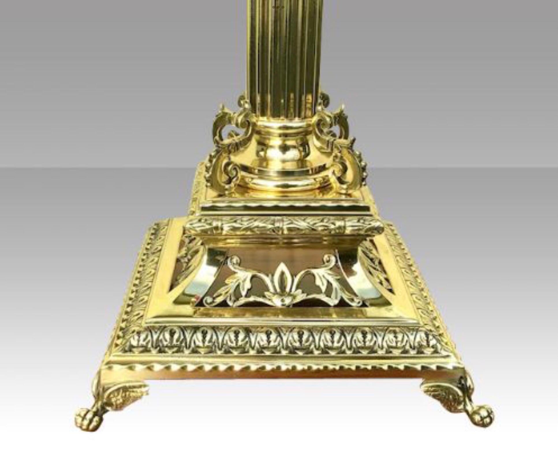 Victorian Tall Antique Brass Cranberry Corinthian Column Oil Lamp