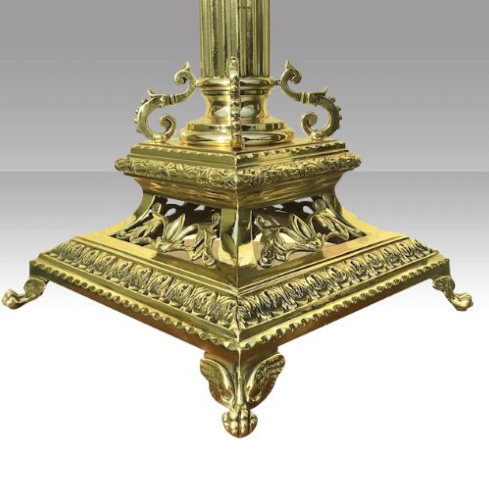 British Tall Antique Brass Cranberry Corinthian Column Oil Lamp