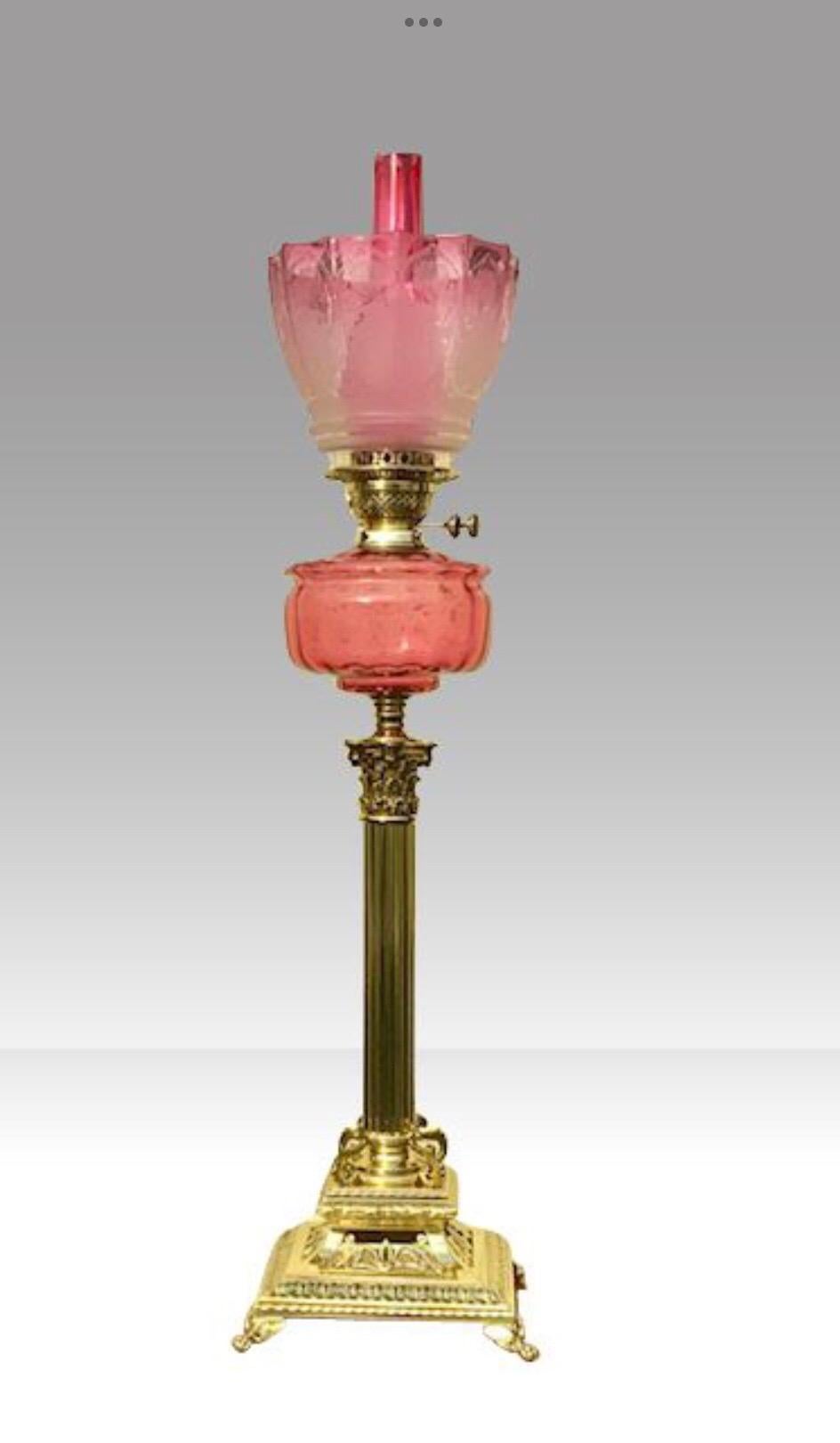 Tall Antique Brass Cranberry Corinthian Column Oil Lamp In Good Condition In Antrim, GB