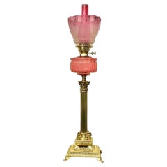 Tall Antique Brass Cranberry Corinthian Column Oil Lamp