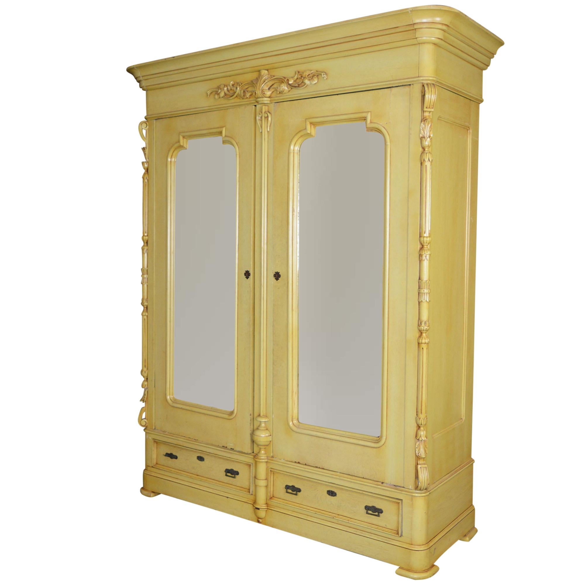 Painted Tall Antique Cabinet with Mirrored Doors Adjustable Shelves and Two Drawers For Sale