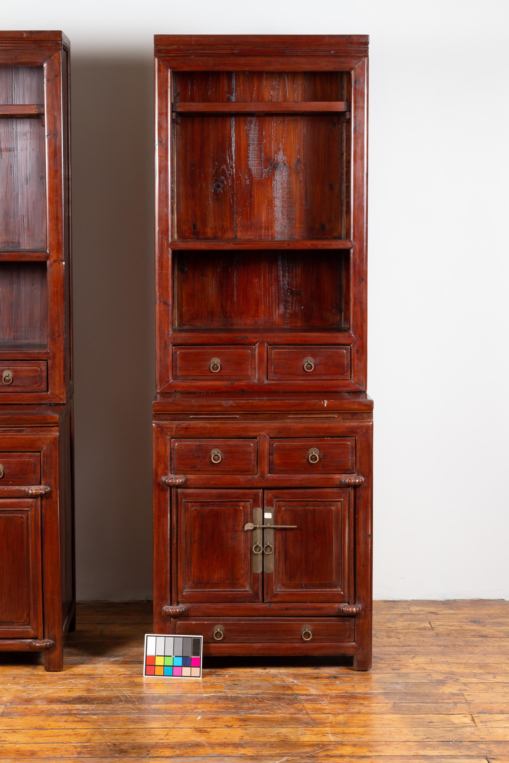 Tall Antique Chinese Two-Part Lacquered Cabinet with Shelves, Doors and Drawers 7