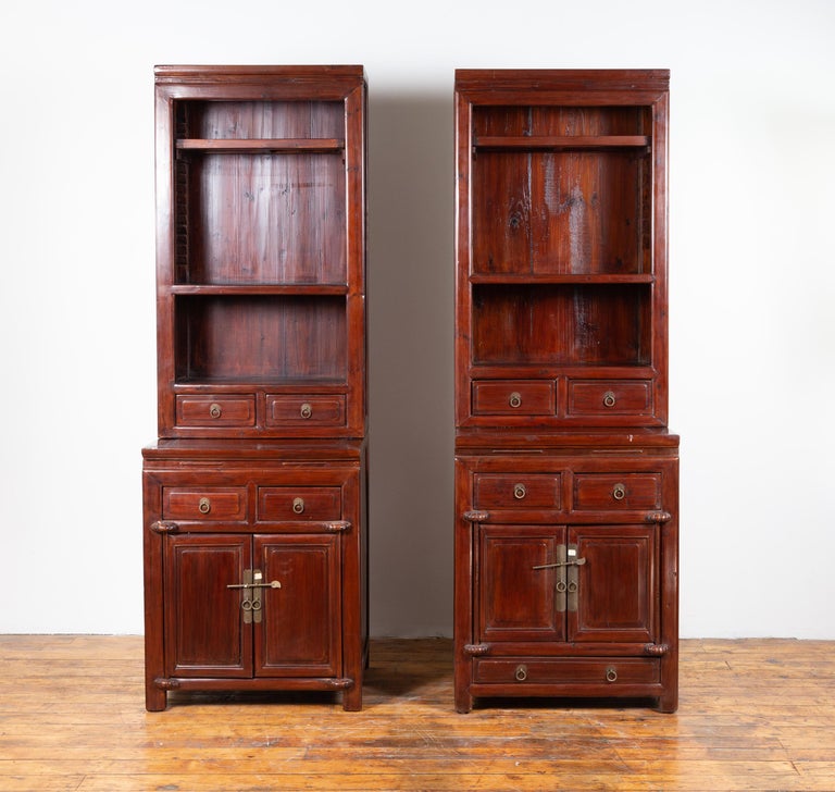 Tall Antique Chinese Two Part Lacquered Cabinet With Shelves