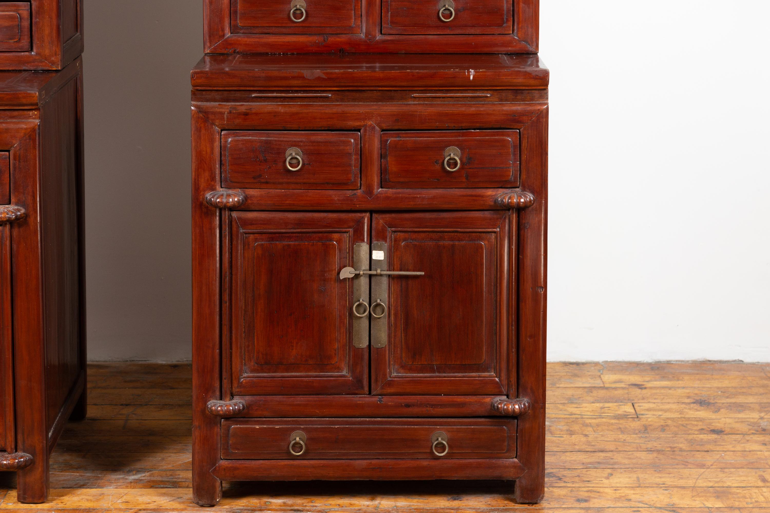 Tall Antique Chinese Two-Part Lacquered Cabinet with Shelves, Doors and Drawers In Good Condition In Yonkers, NY