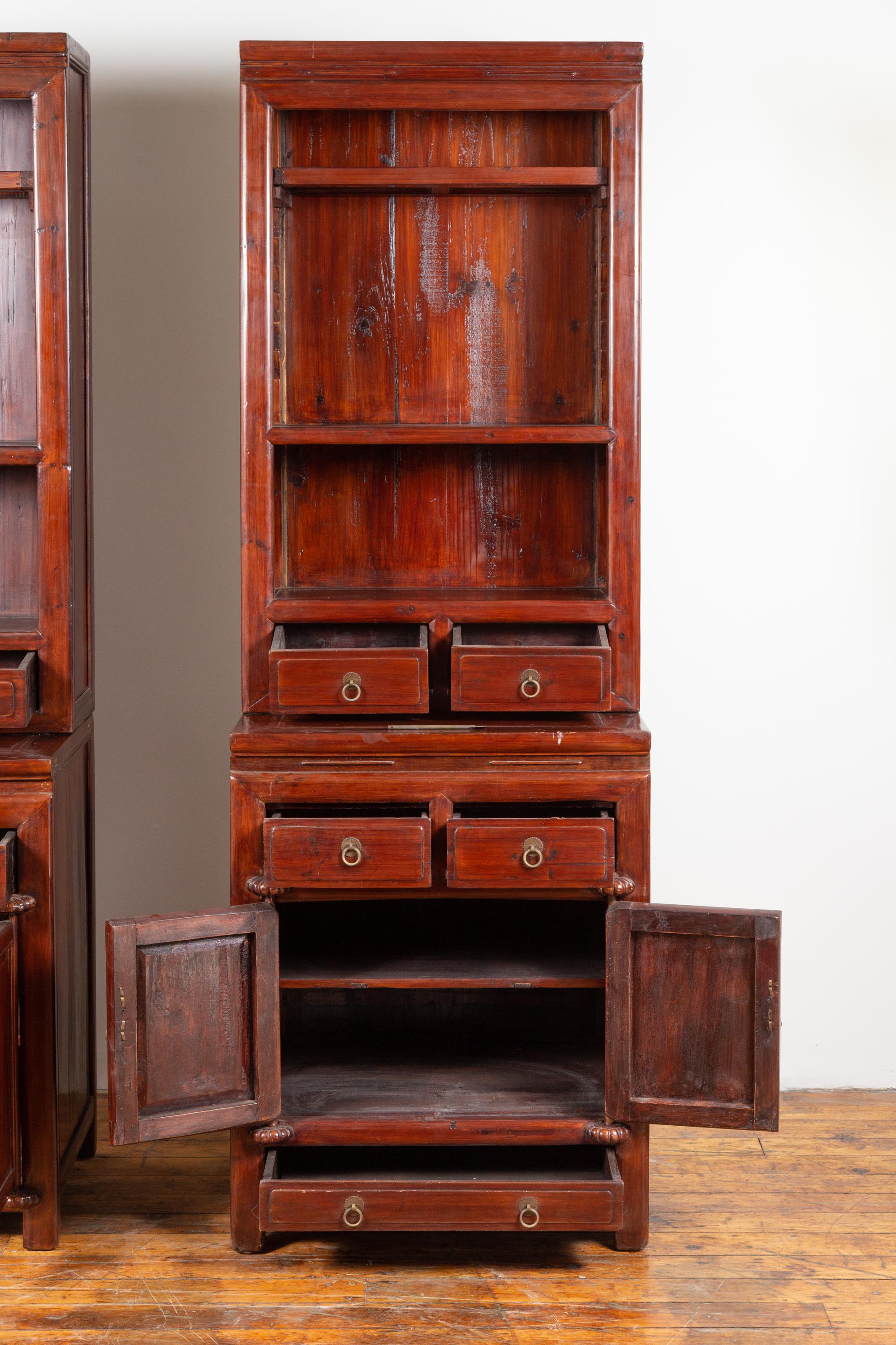 20th Century Tall Antique Chinese Two-Part Lacquered Cabinet with Shelves, Doors and Drawers