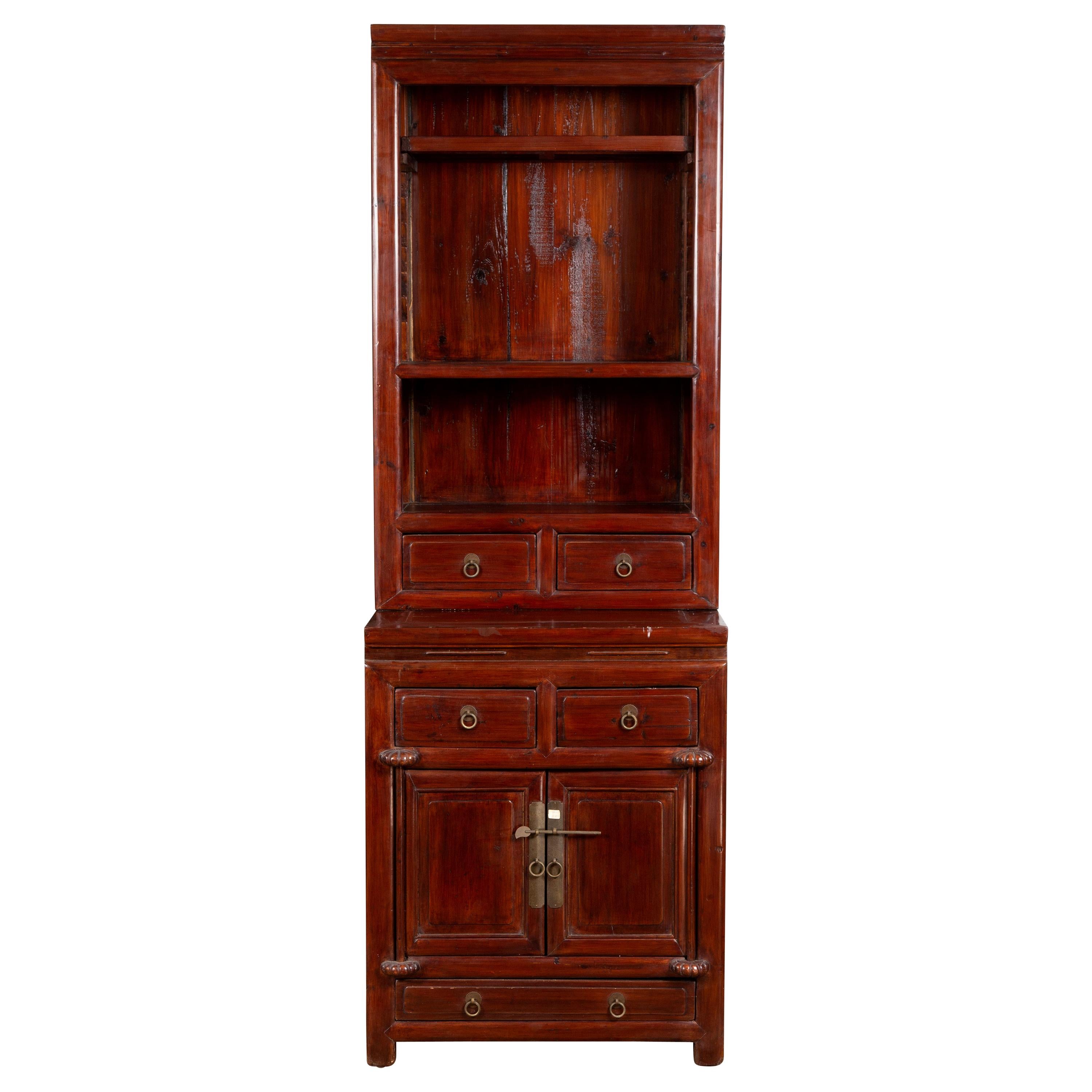 Tall Antique Chinese Two-Part Lacquered Cabinet with Shelves, Doors and Drawers