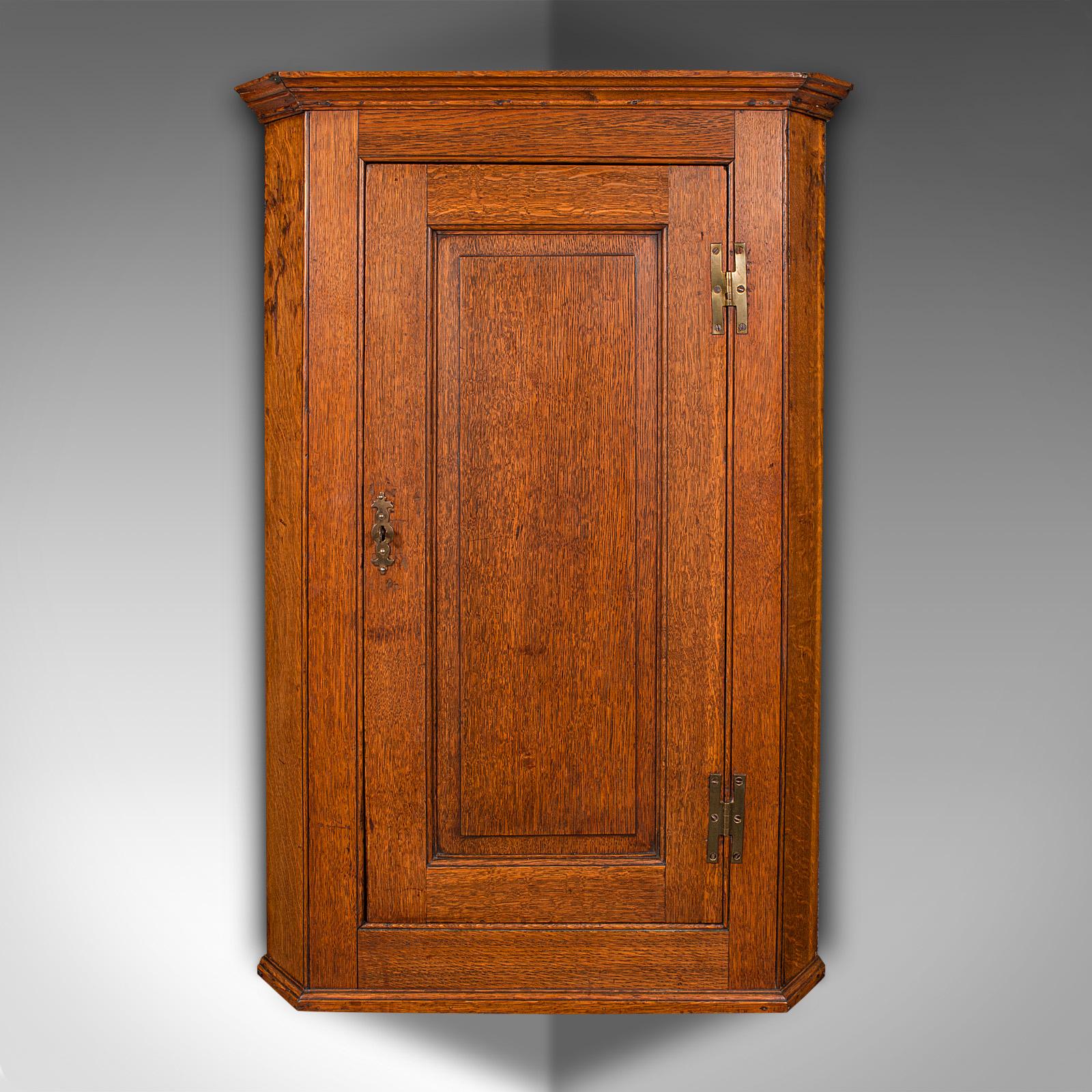 British Tall Antique Corner Cabinet, English, Oak, 4 Shelf Wall Cupboard, Georgian, 1800 For Sale
