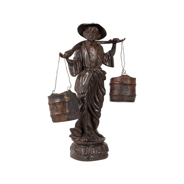 Tall Antique Decorative Figure, Chinese, Bronze, Statue, Water Carrier For Sale