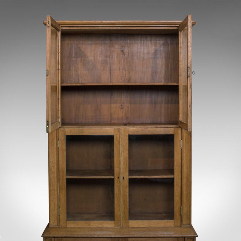 Tall Antique Display English Edwardian Oak Glazed Bookcase