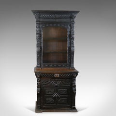 Tall Antique Display Cabinet, Victorian, English, Oak, Cupboard, Green Man