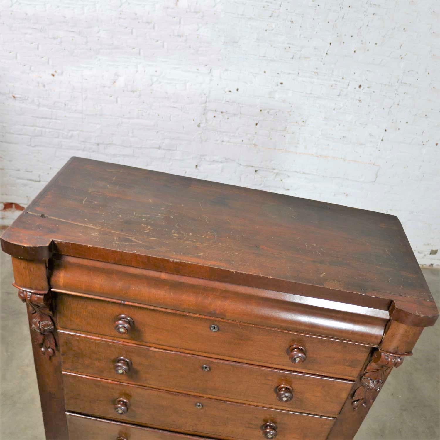 Tall Antique Edwardian Chest of Drawers Burl Front Mother of Pearl and Acanthus  9