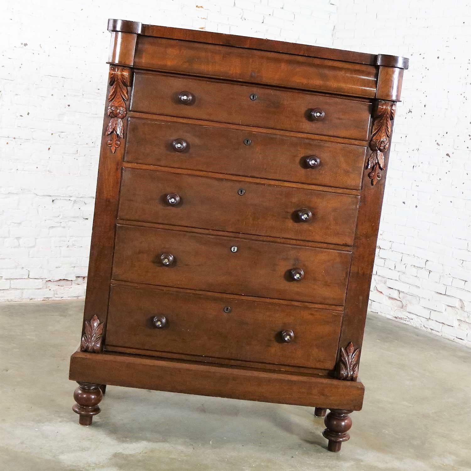 19th Century Tall Antique Edwardian Chest of Drawers Burl Front Mother of Pearl and Acanthus 