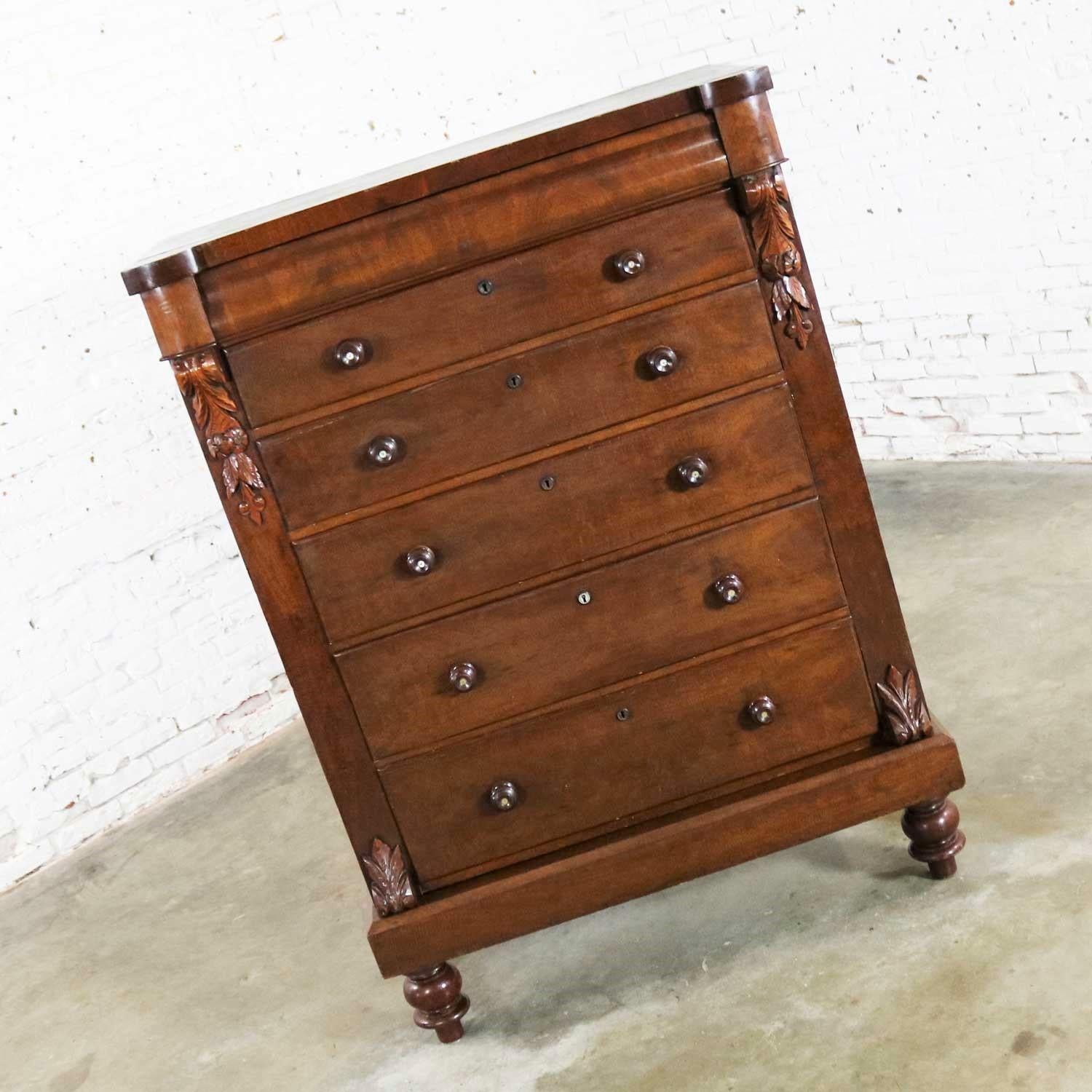 Tall Antique Edwardian Chest of Drawers Burl Front Mother of Pearl and Acanthus  1