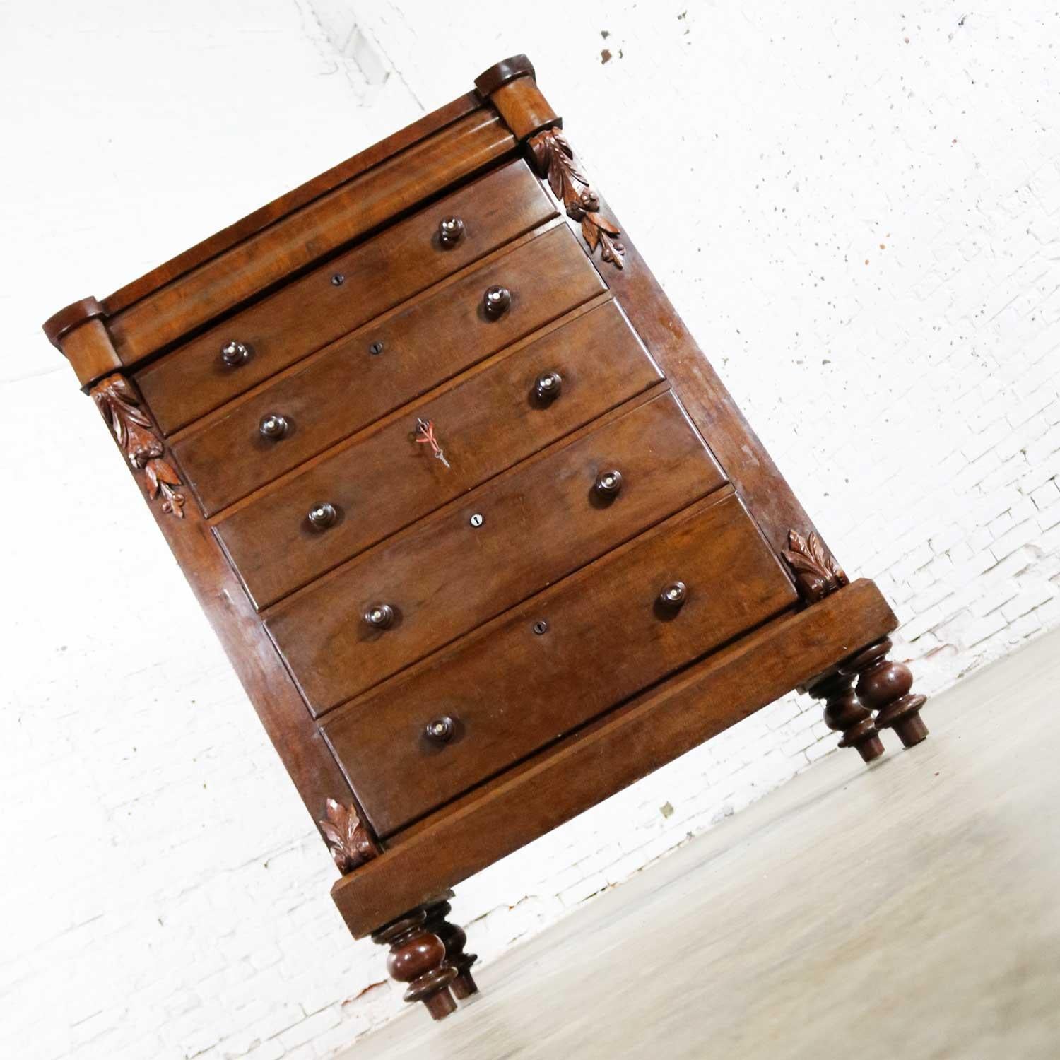 Tall Antique Edwardian Chest of Drawers Burl Front Mother of Pearl and Acanthus  2