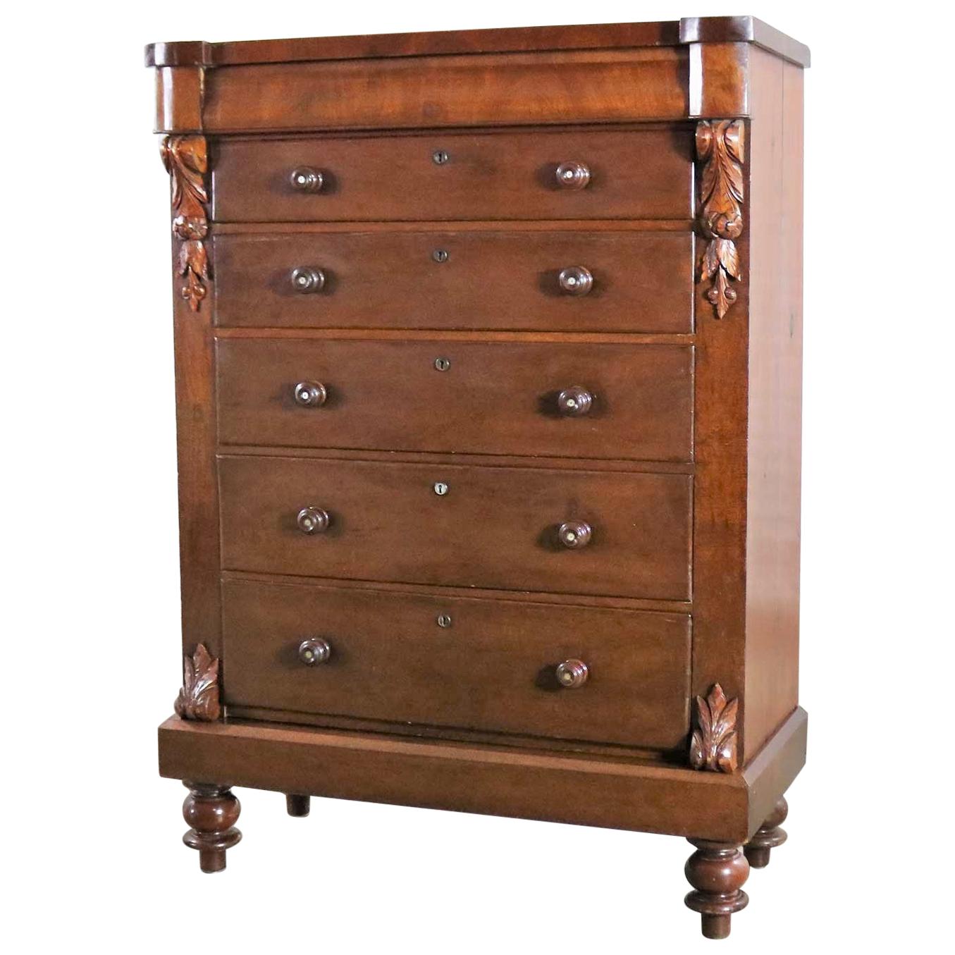 Tall Antique Edwardian Chest of Drawers Burl Front Mother of Pearl and Acanthus 