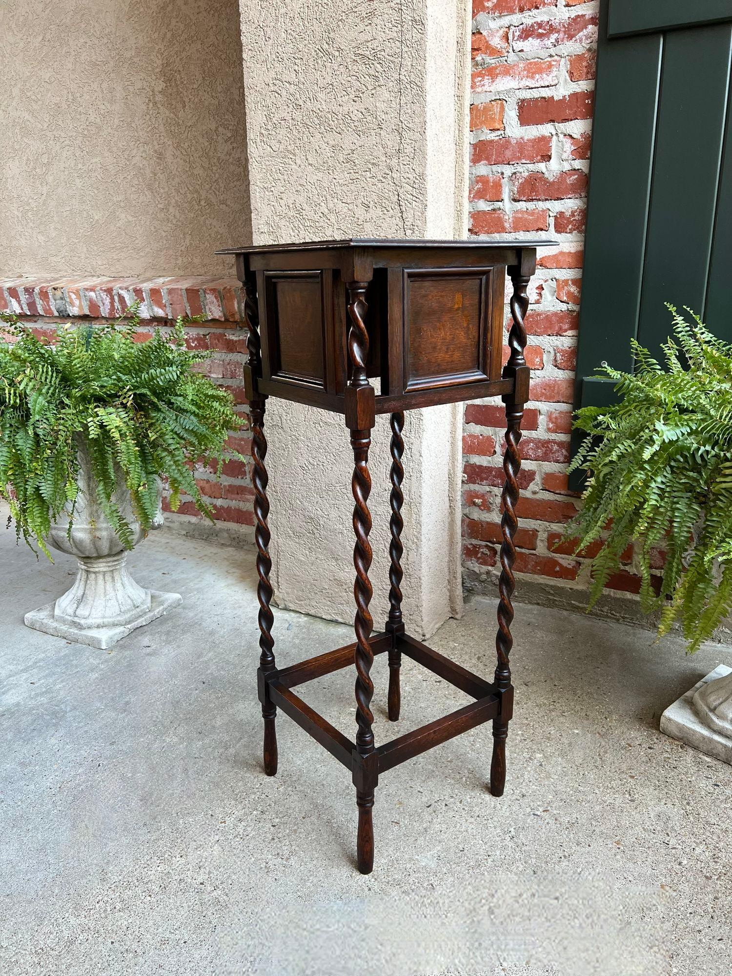Tall Antique English Barley Twist Plant Stand Square Display Table Tiger Oak For Sale 6