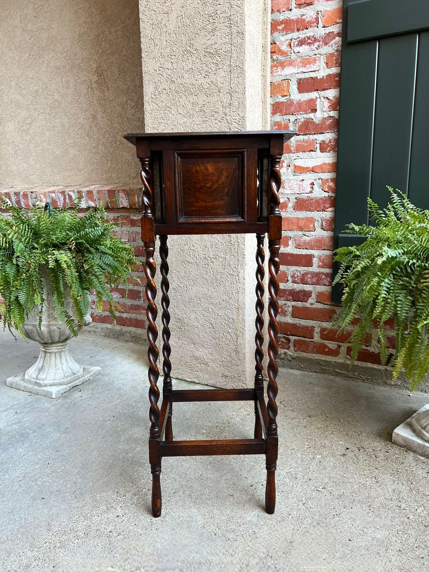Tall Antique English Barley Twist Plant Stand Square Display Table Tiger Oak For Sale 7